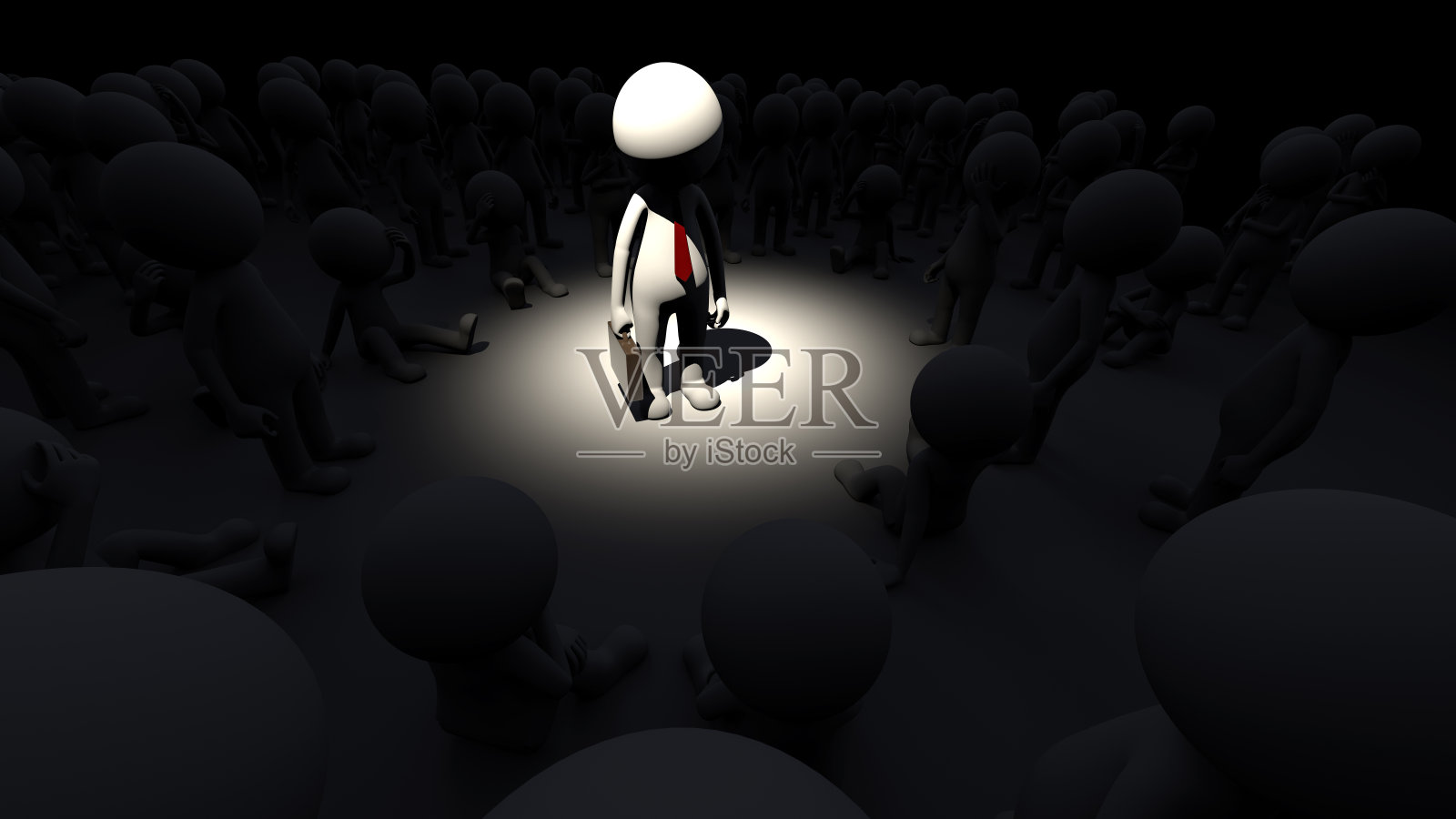 Stickman站在聚光灯下，在更多的人中间使用3d渲染。照片摄影图片