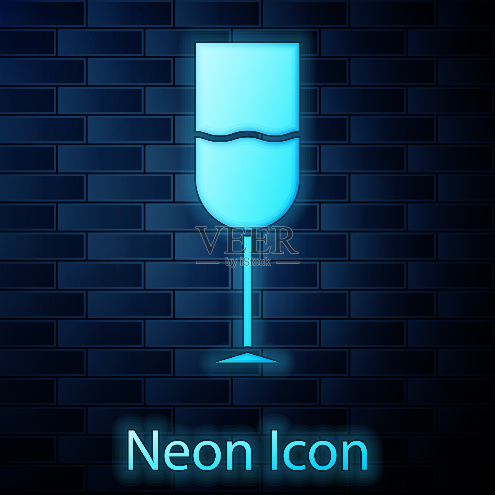 发光的霓虹灯葡萄酒杯图标孤立在砖块上插画图片素材