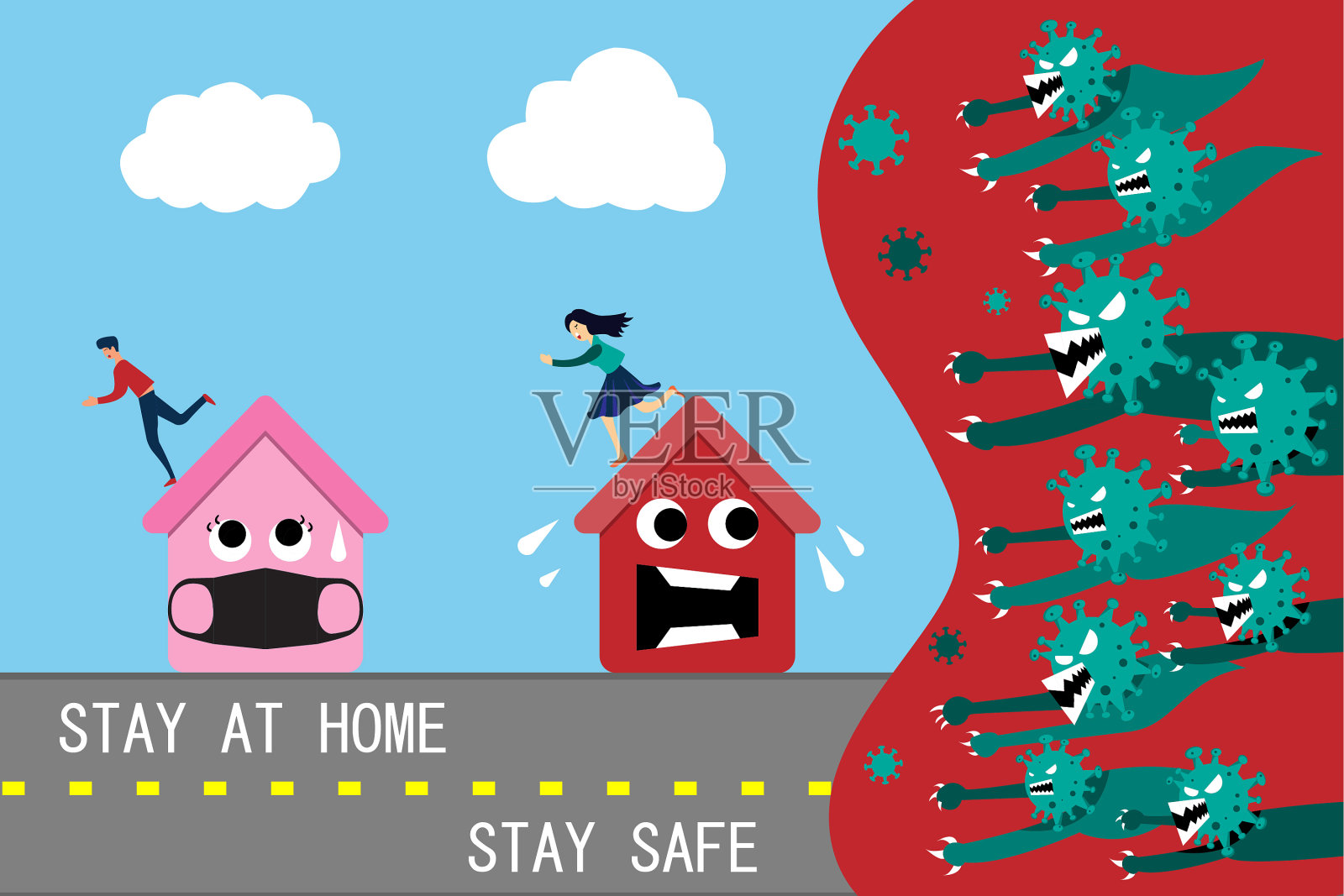 2019冠状病毒病疫情在全市蔓延。呆在家里。佩戴医用防护口罩。插画图片素材