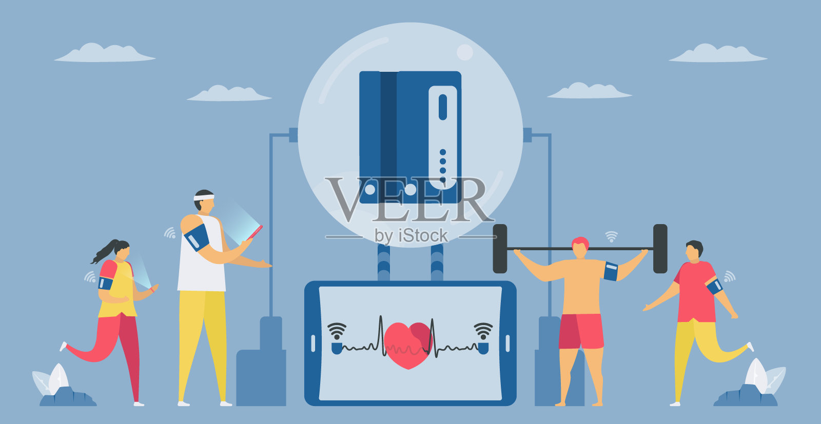 带无线模块的手臂血压监测仪。心跳和脉搏检测的新技术。易于安装和使用自己。矢量元素隔离在蓝色背景。插画图片素材