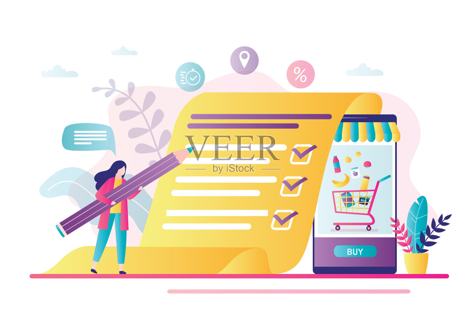 带标志的购物清单。计划应用在智能手机显示。美女用大铅笔计划购买。插画图片素材