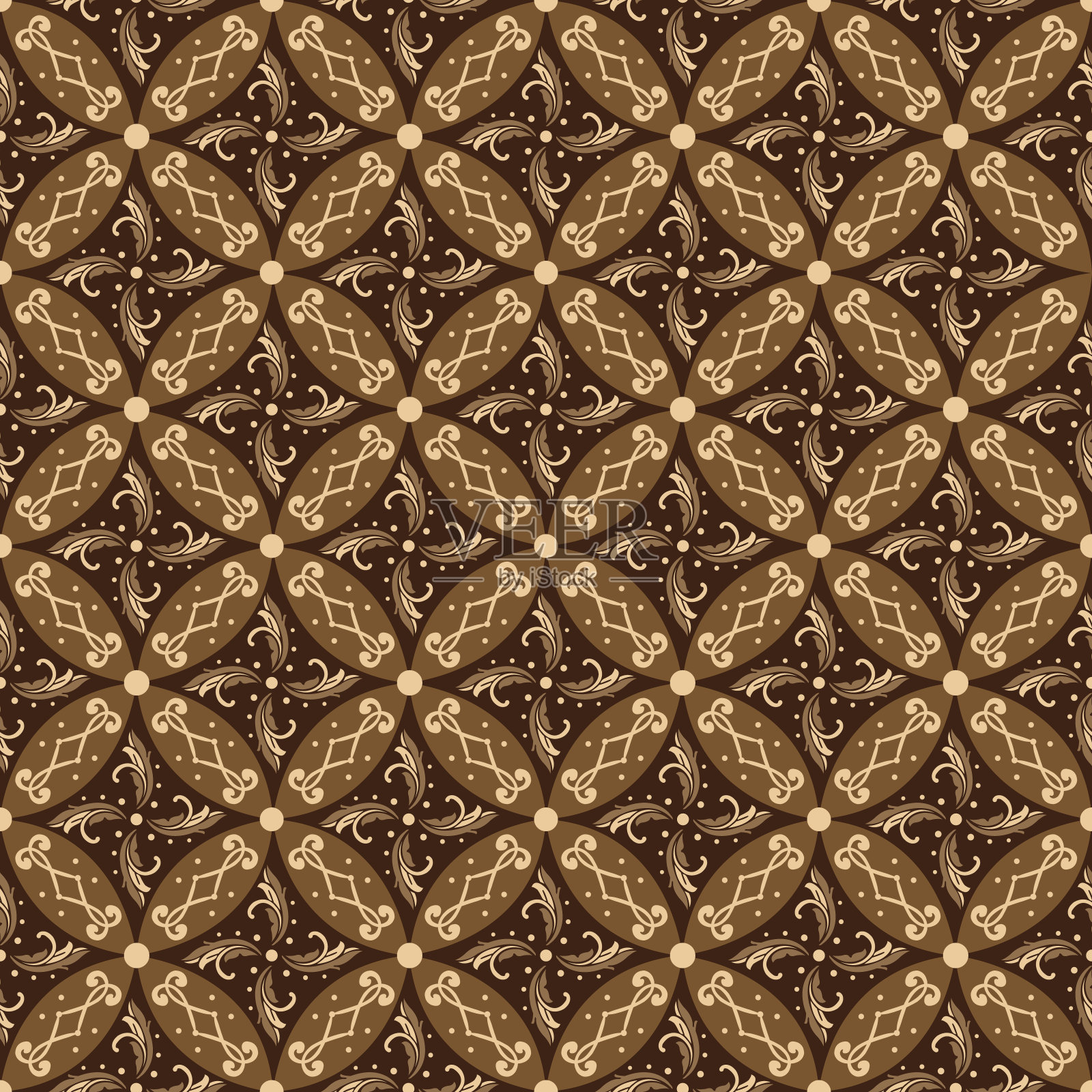 美丽的卡翁蜡染花图案无缝金棕色设计。插画图片素材
