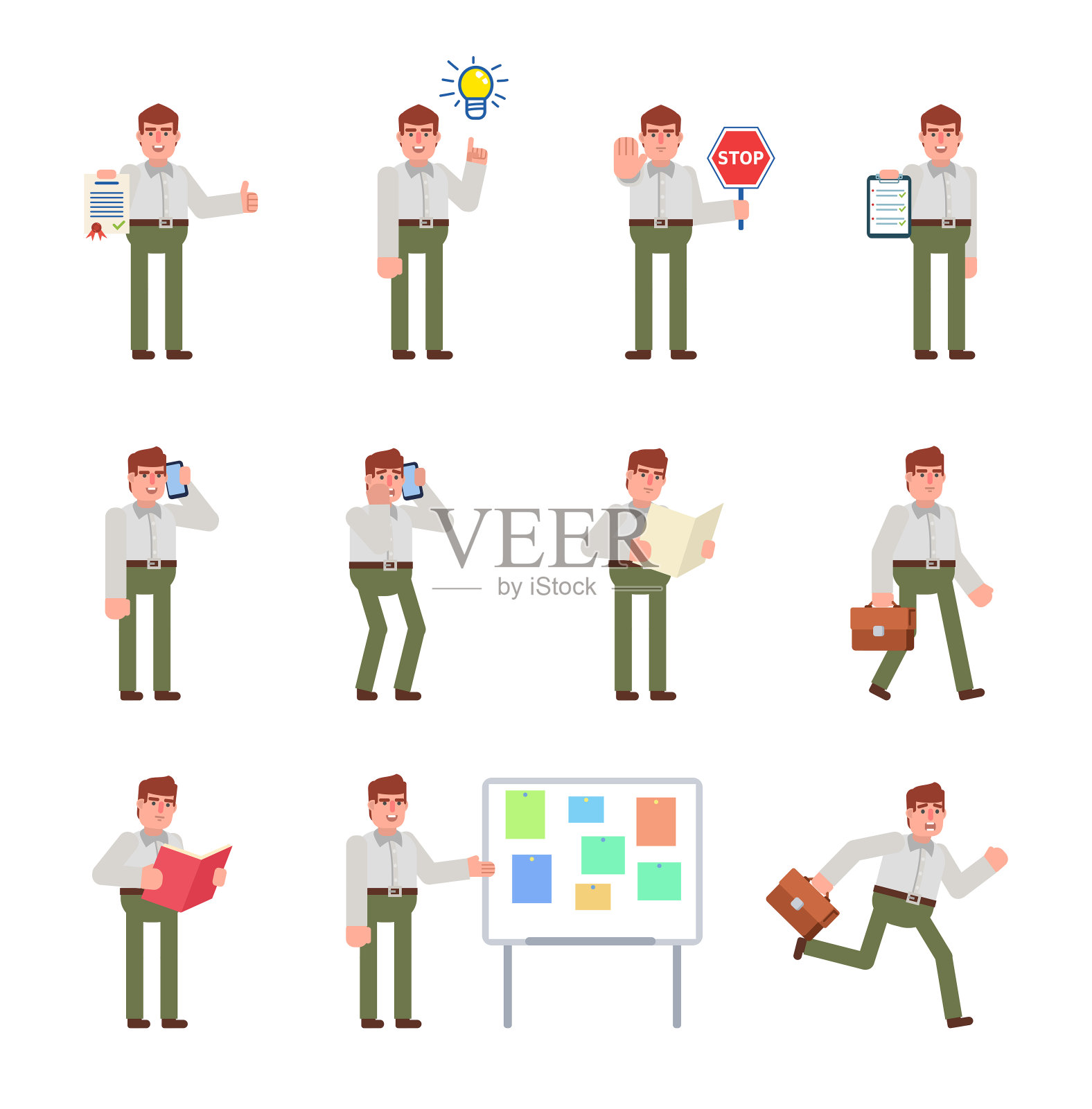 白色衬衫和绿色裤子的商人显示各种各样的行为图标素材