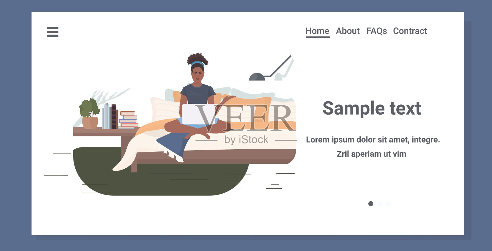 女自由职业者坐在床上用笔记本电脑呆在家里冠状病毒大流行的隔离概念插画图片素材