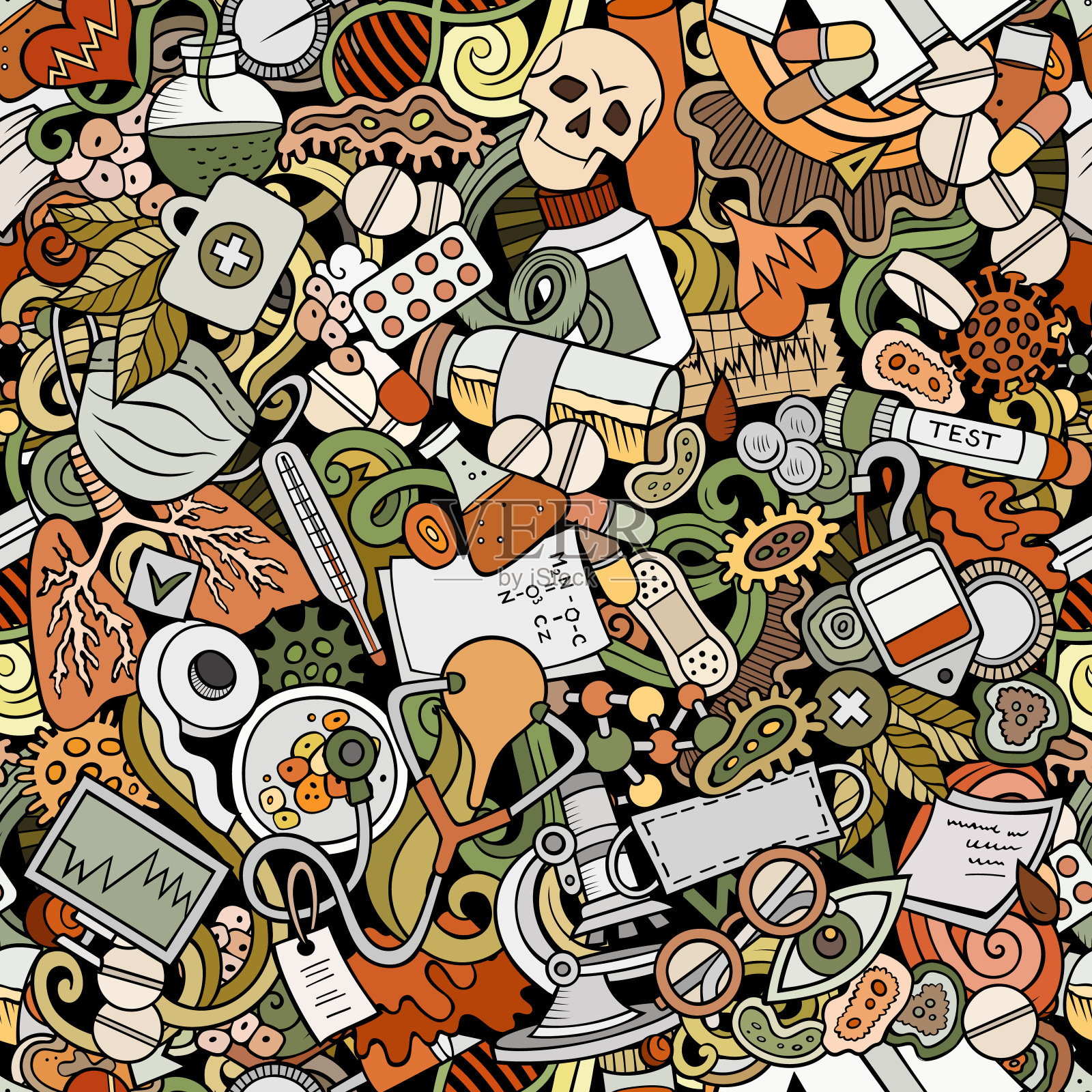 卡通可爱涂鸦手画药无缝图案。插画图片素材