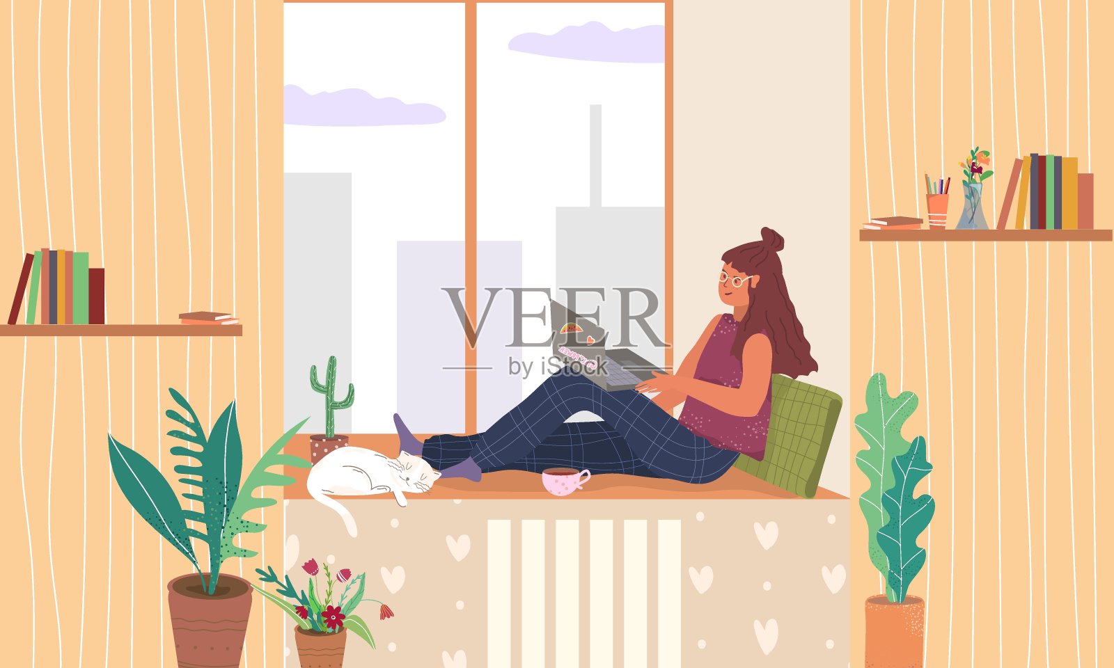 学生自由职业者青少年坐在窗台与笔记本电脑矢量平面插图。插画图片素材