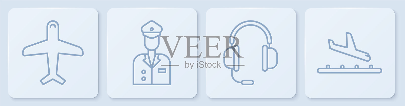 设置线路平面，带麦克风耳机，飞行员和飞机降落。白色正方形按钮。向量插画图片素材