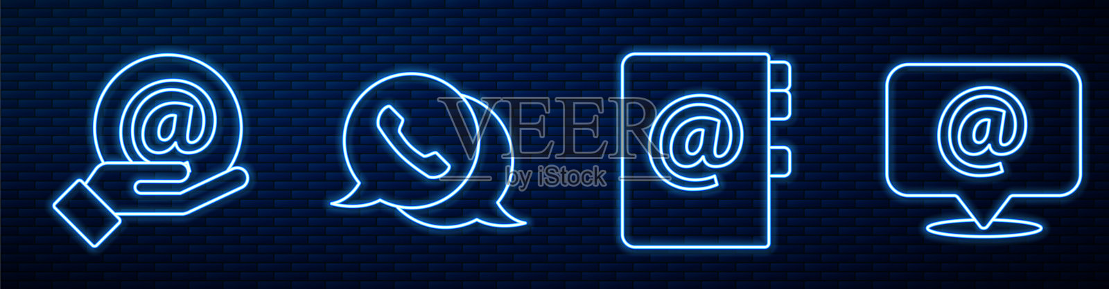 设置线路地址簿，邮件和电子邮件在手，电话与语音气泡聊天和邮件和电子邮件。砖墙上发光的霓虹灯图标。向量插画图片素材
