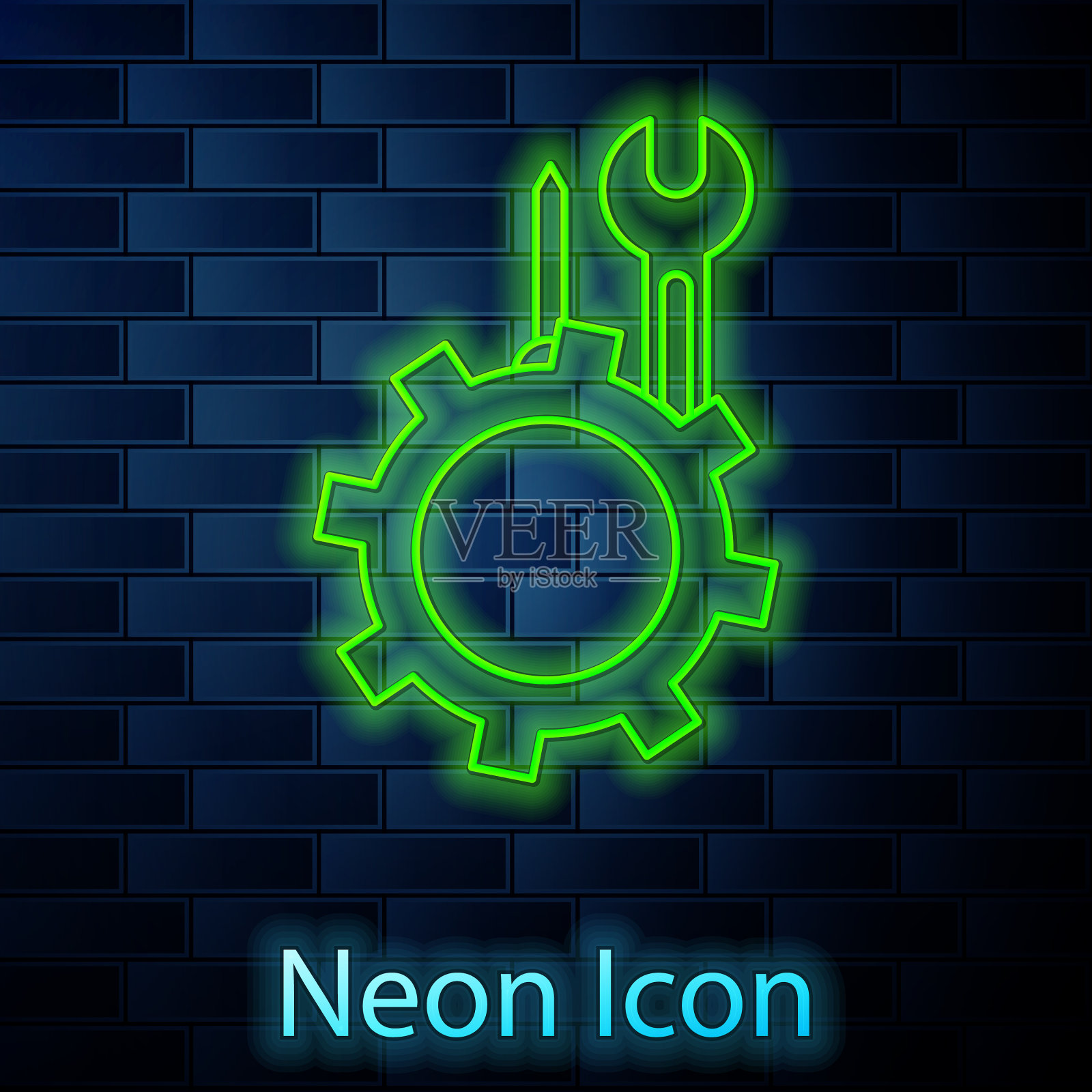 发光的霓虹灯线扳手和螺丝刀齿轮插画图片素材