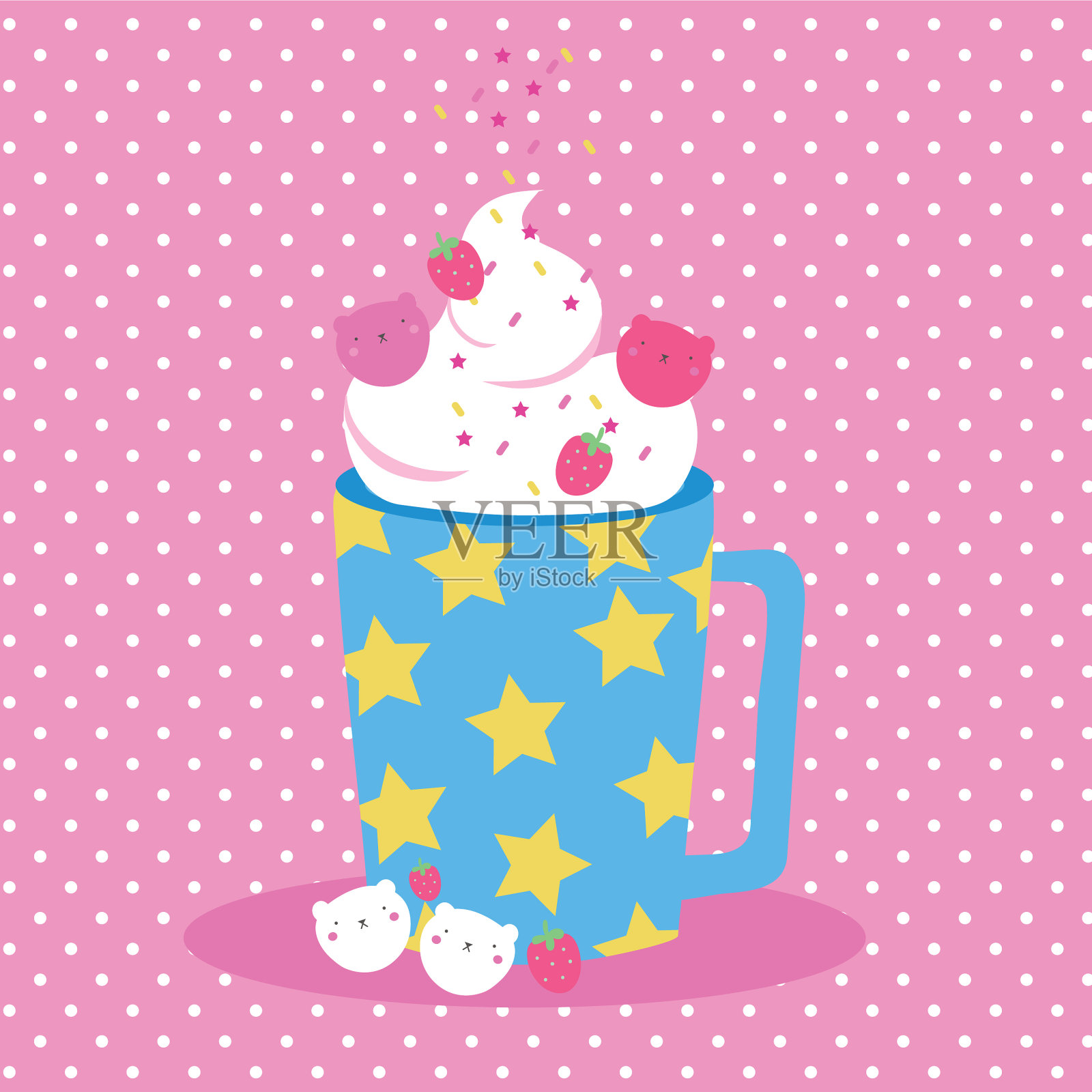 可爱的明信片，草莓奶昔和插画图片素材