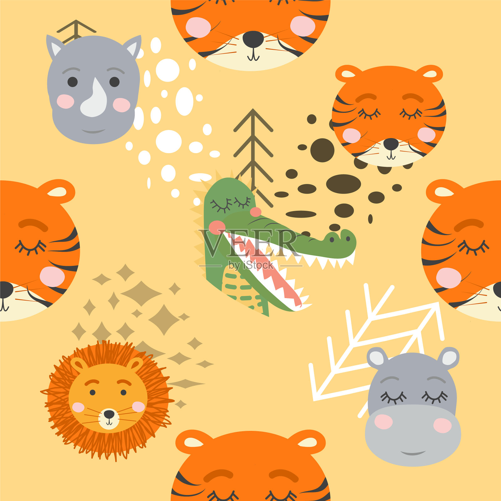 卡通可爱的动物部落脸波西米亚可爱插画图片素材