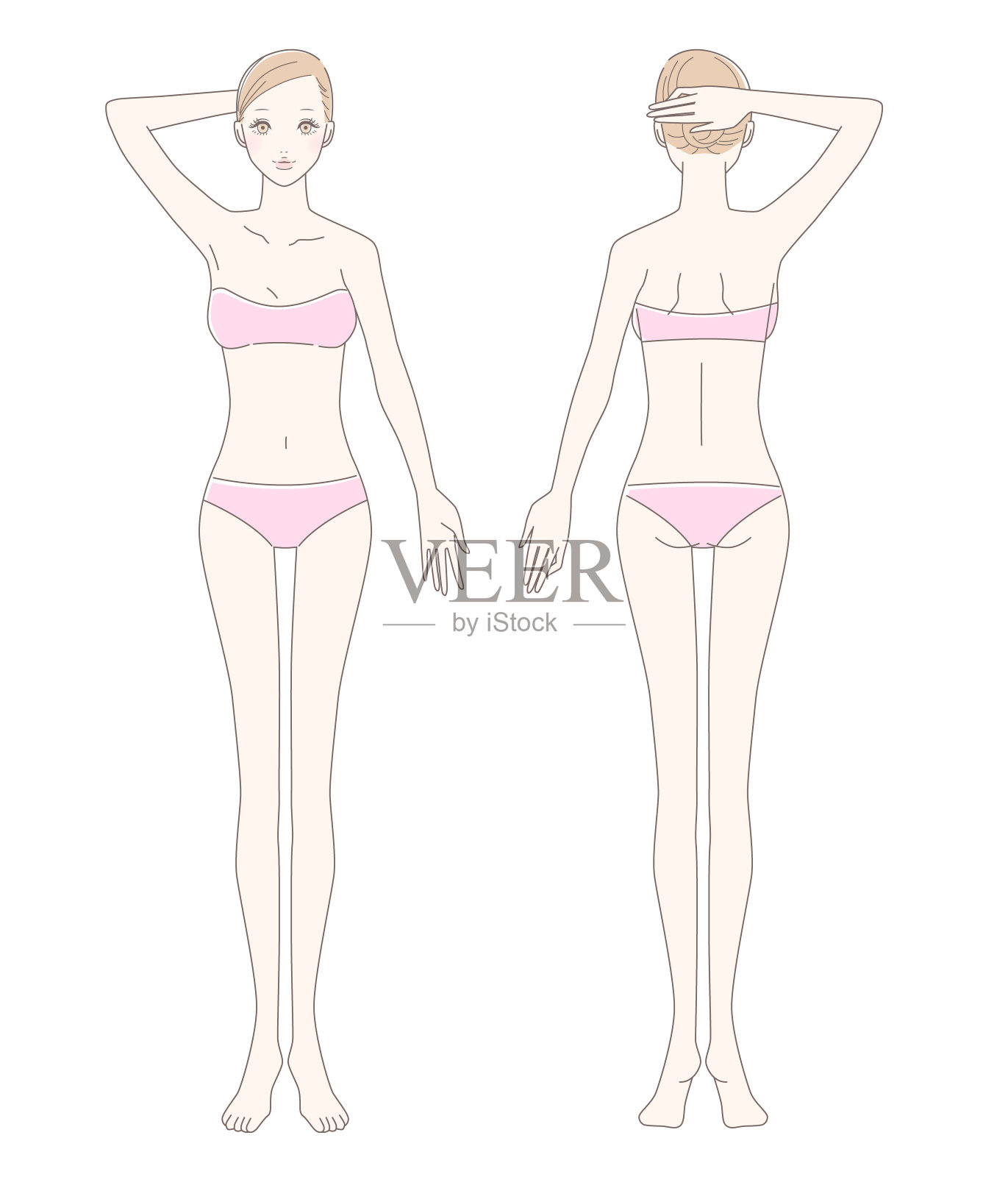 穿着内衣的女人的全身(前胸和后背)插画图片素材