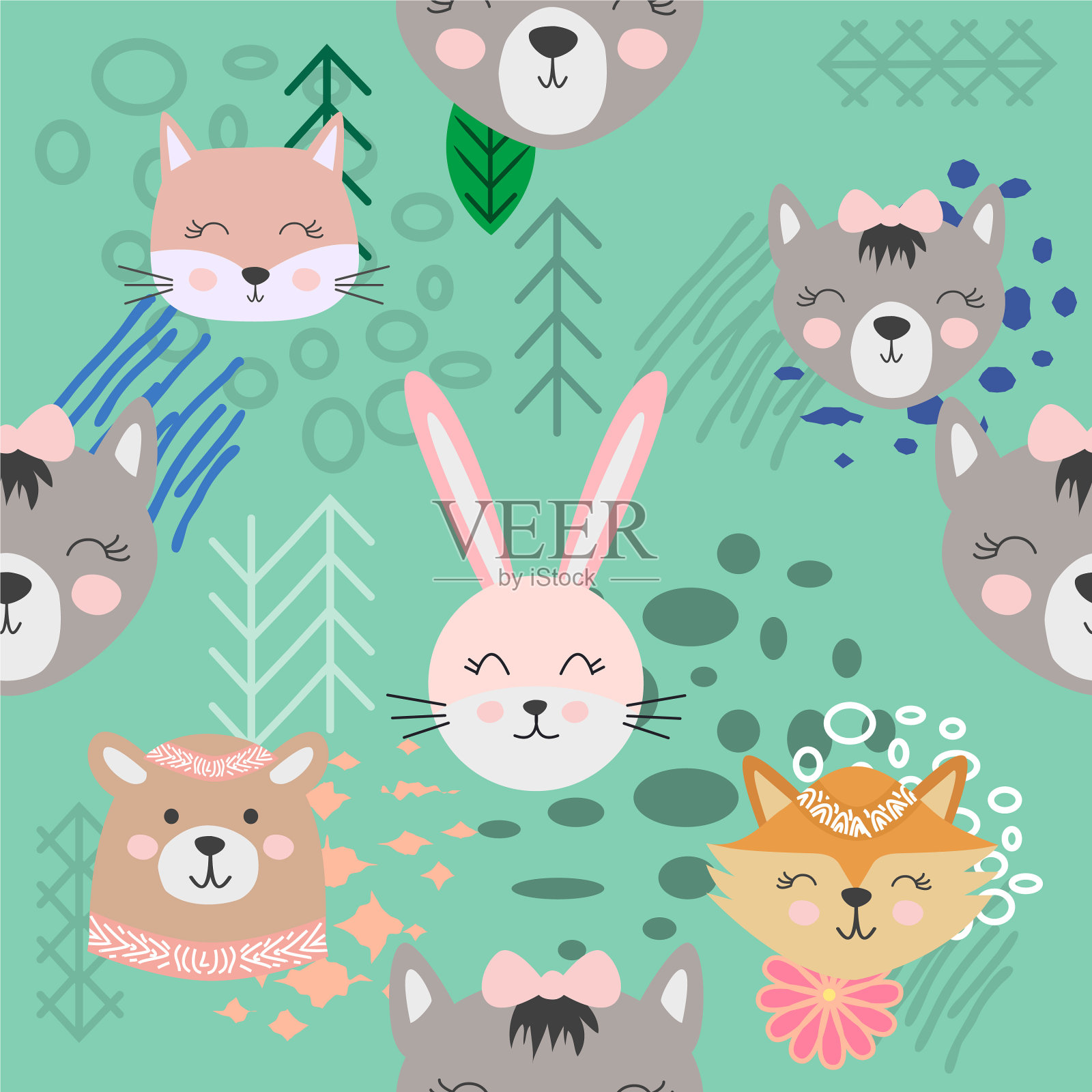 秋天森林无缝图案与可爱的动物插画图片素材