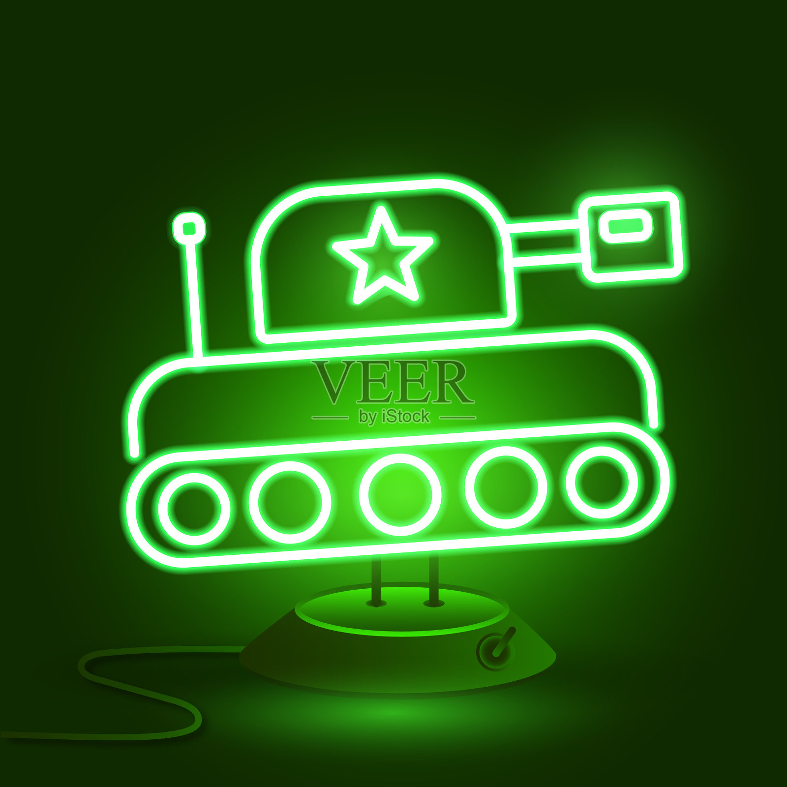 发光的霓虹灯军事坦克图标孤立在砖块上插画图片素材