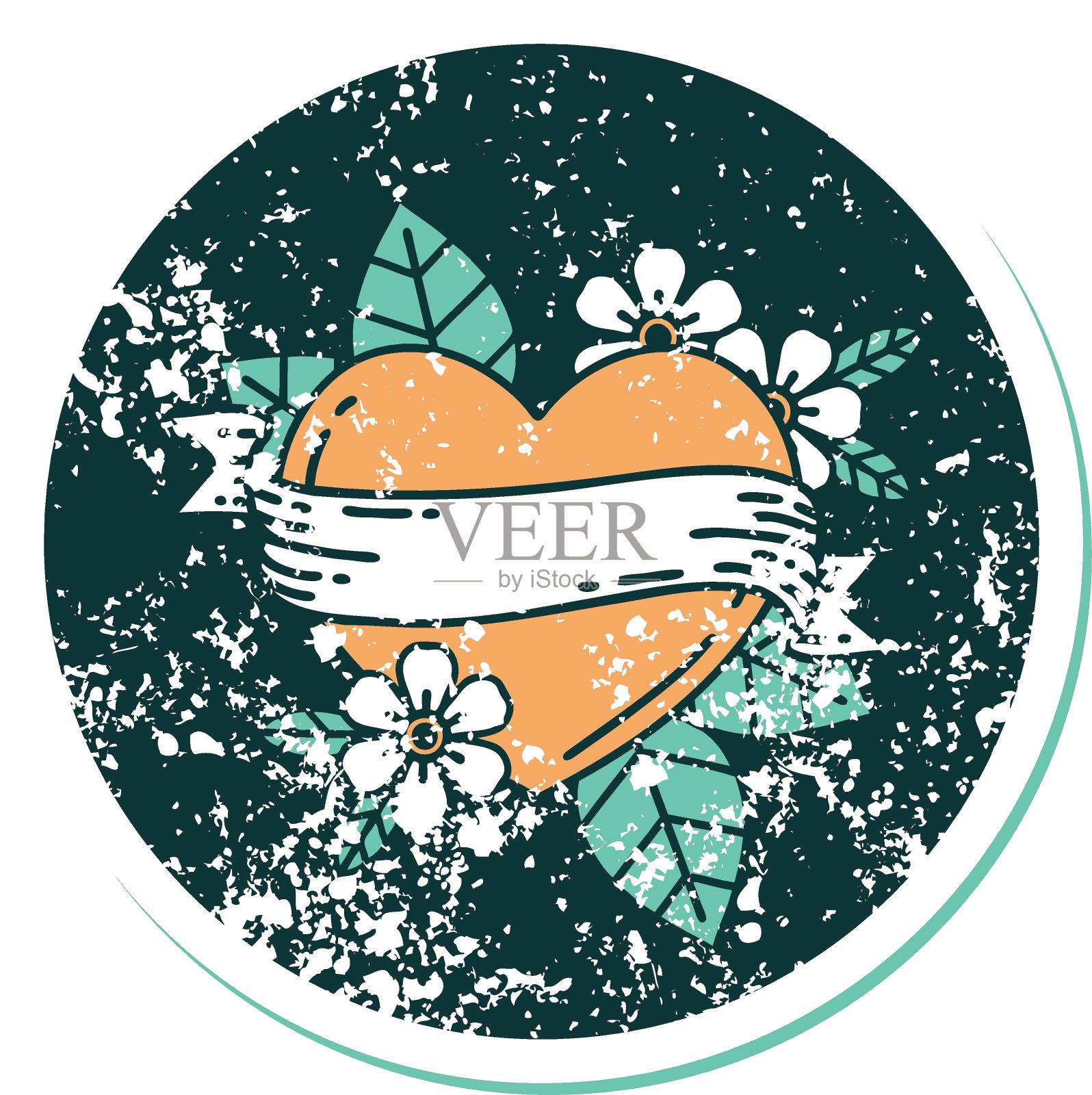 心疼贴纸纹身风格的心和旗帜图标插画图片素材