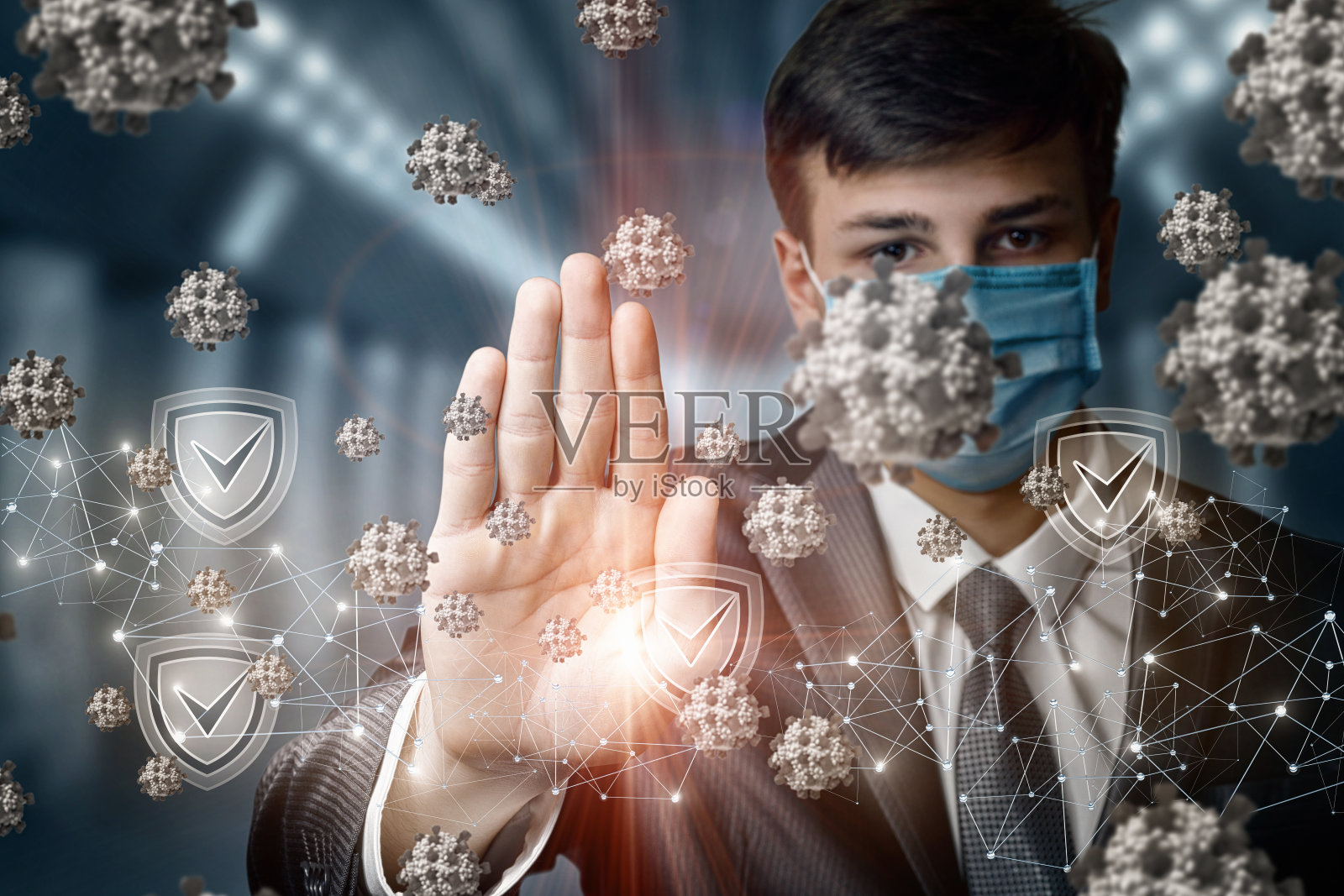 防止病毒在商业环境中传播的概念。照片摄影图片