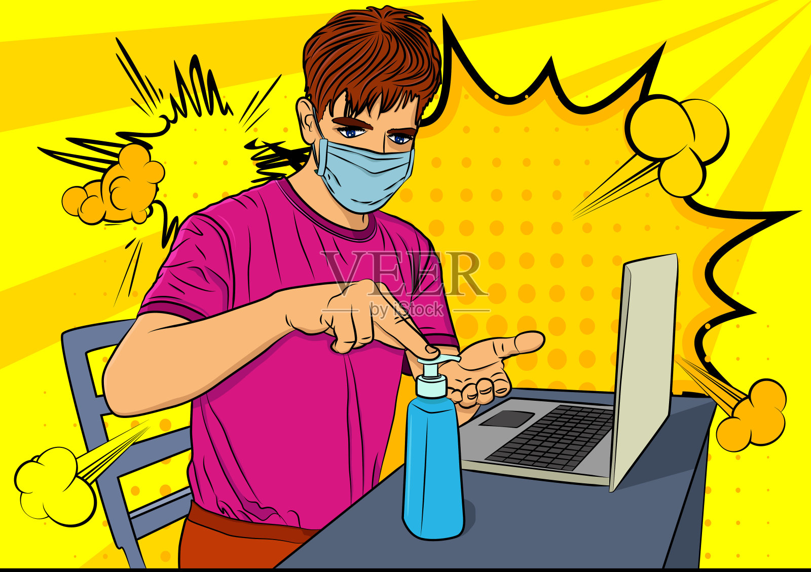 被隔离在家工作的商人。插画图片素材