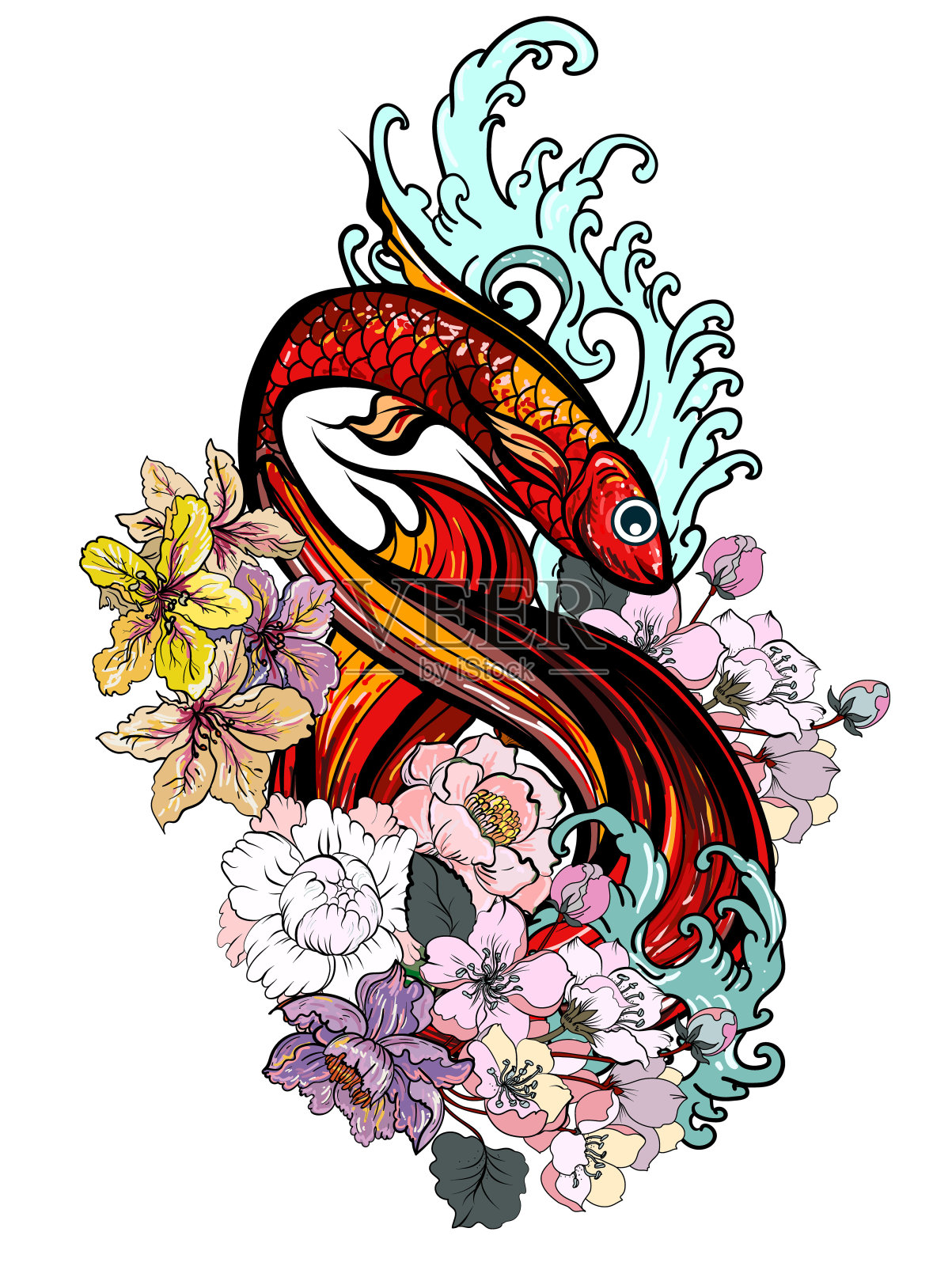 五颜六色的暹罗格斗鱼或斗鱼在日本波浪中游泳插画图片素材