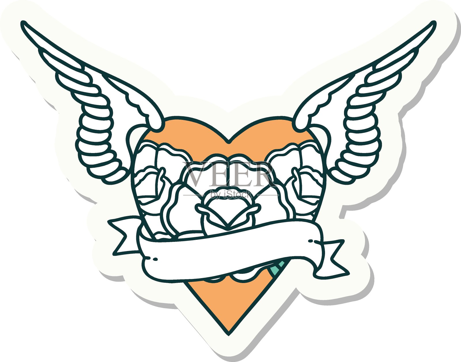 纹身风格贴纸的心与翅膀、花朵和旗帜插画图片素材