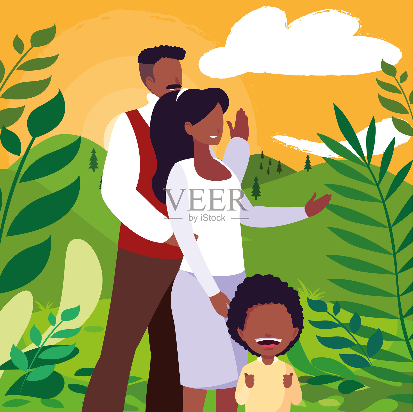 父母和儿子一起在公园散步设计元素图片