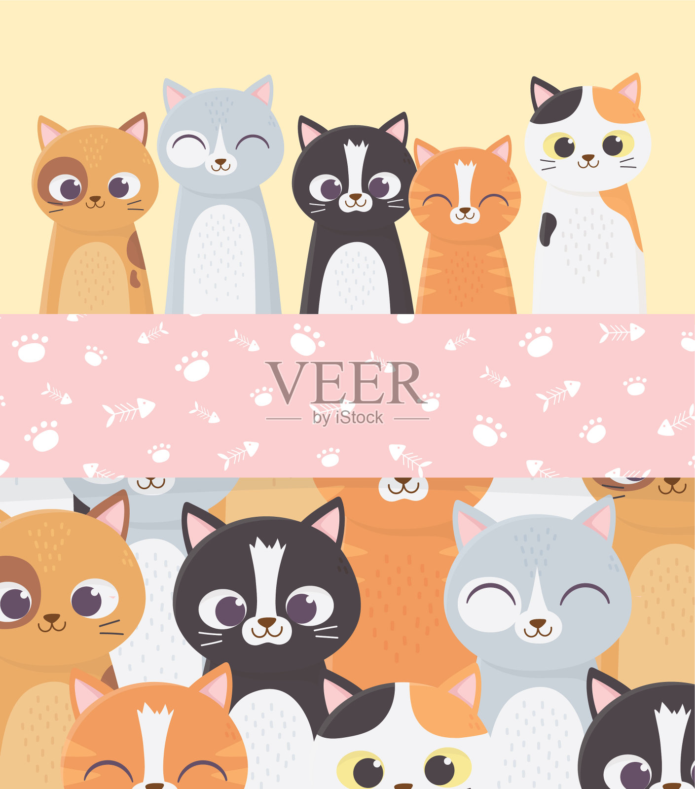 可爱的猫宠物鱼骨爪装饰横幅插画图片素材