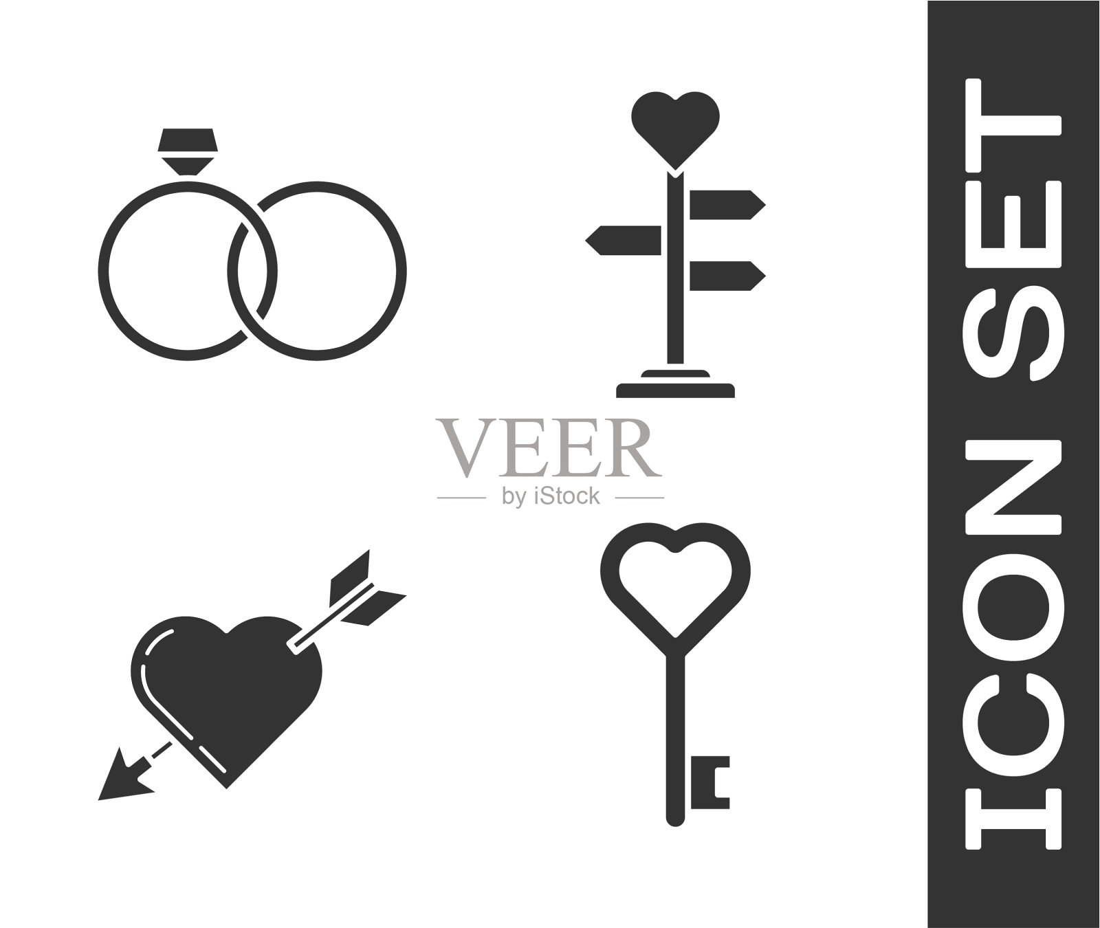 把钥匙放在心形的结婚戒指上图标素材