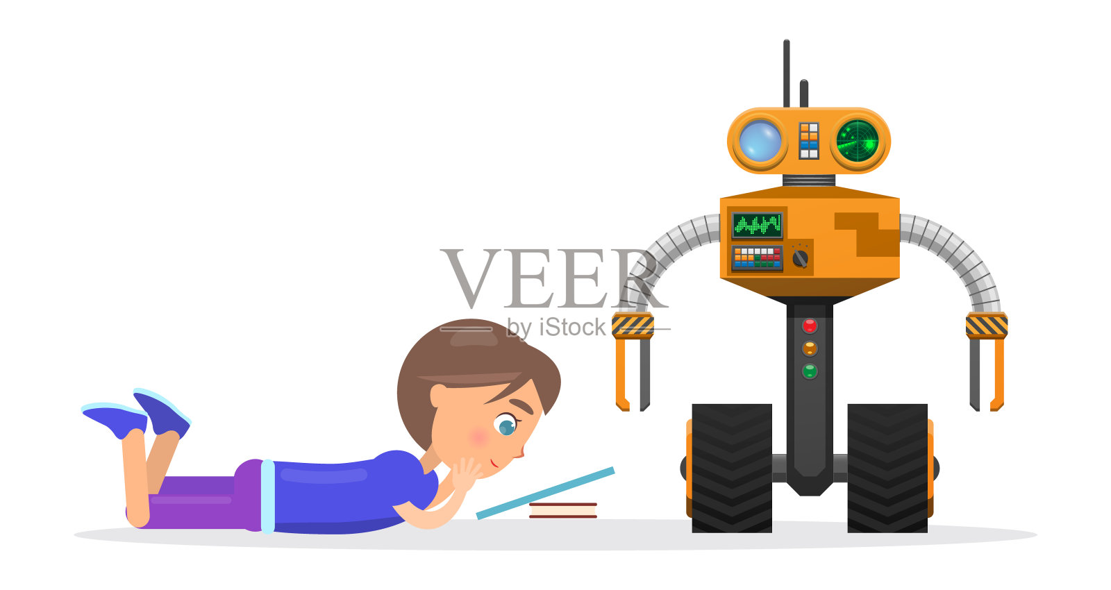 小男孩撒谎和阅读旁边的机器人插图插画图片素材