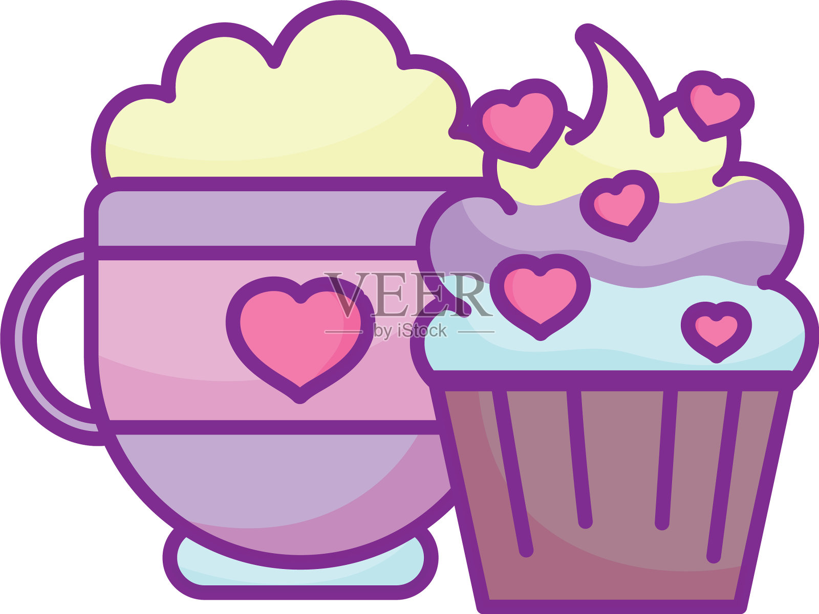 情人节快乐，咖啡杯和甜蜜的纸杯蛋糕设计元素图片