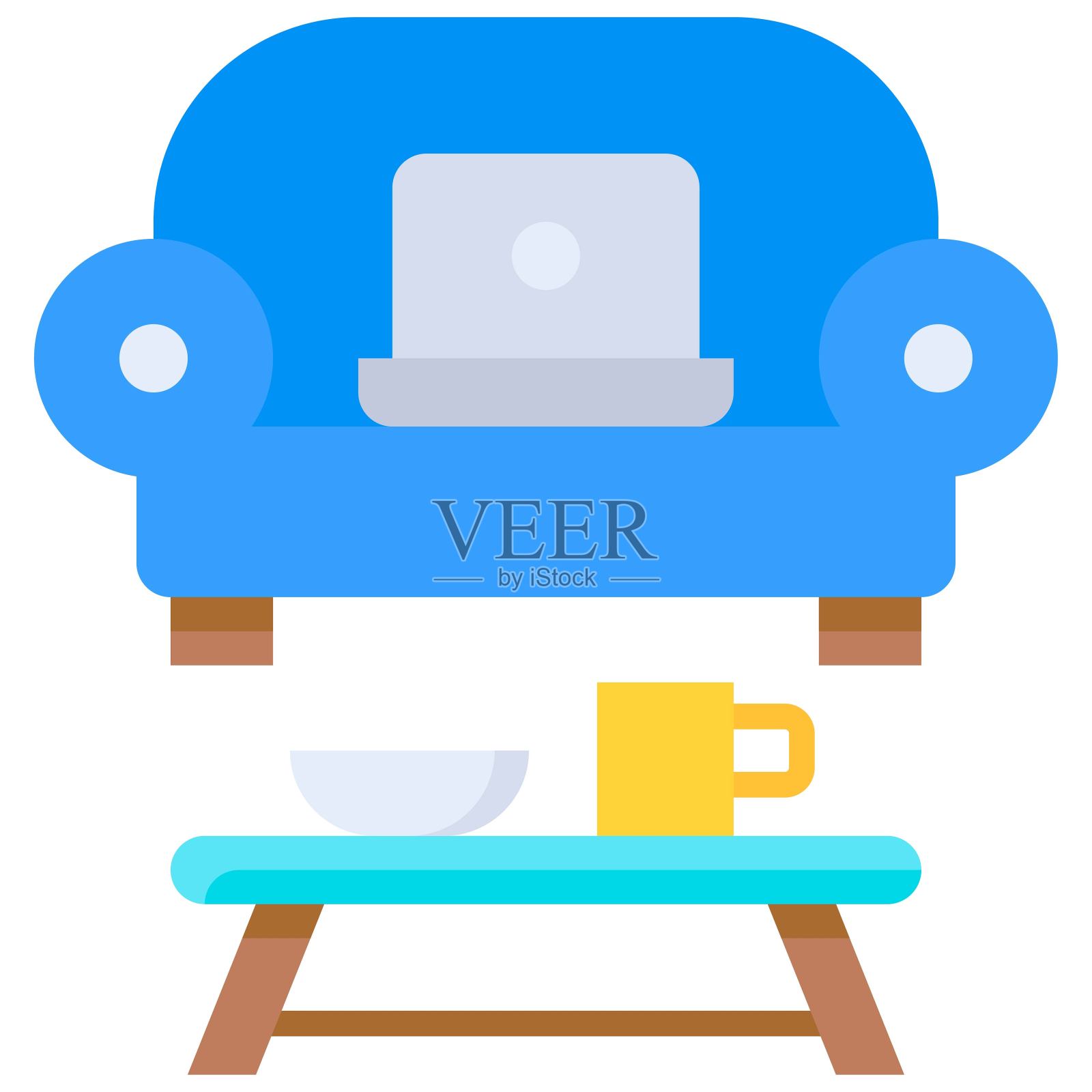 笔记本电脑和沙发，在家工作插画图片素材