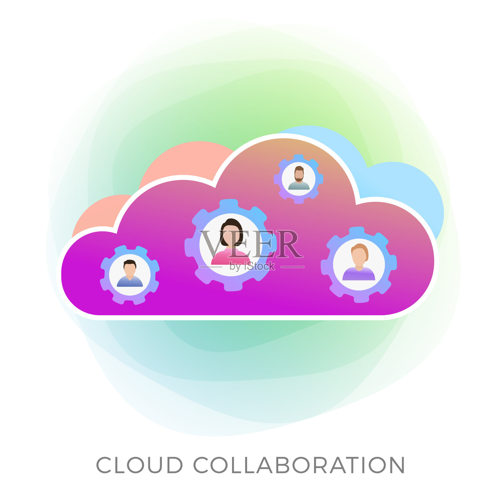 云协作概念，团队通信，无线在线计算，远程在线业务技术。云管理插图，平面矢量图标孤立在白色背景插画图片素材