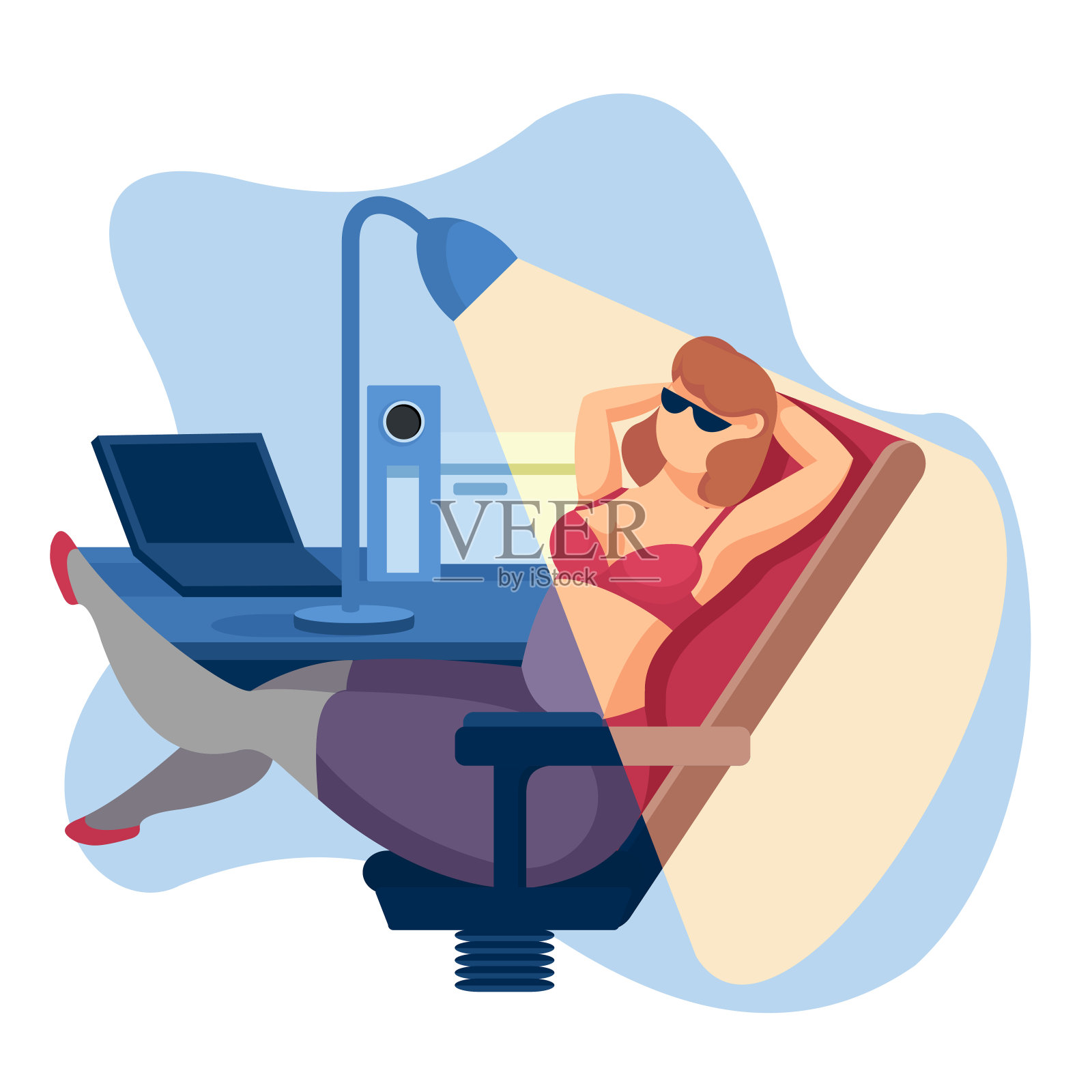 卡通色彩人物人物女性从办公室跑到海滩的概念。向量插画图片素材