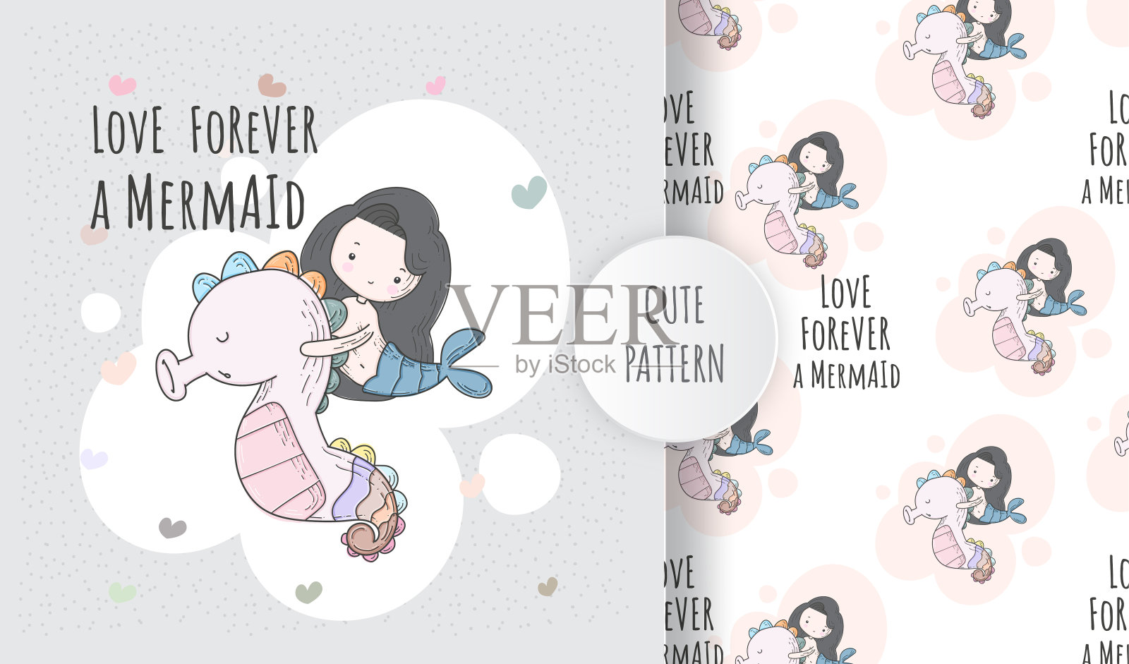 扁平无缝图案可爱的动物美人鱼插画图片素材