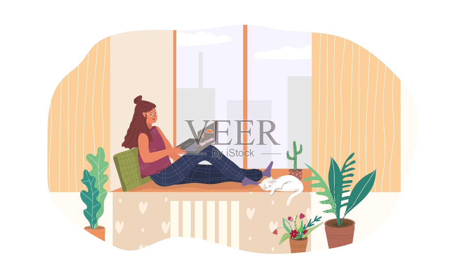 学生自由职业者青少年坐在窗台与笔记本电脑矢量平面插图。插画图片素材