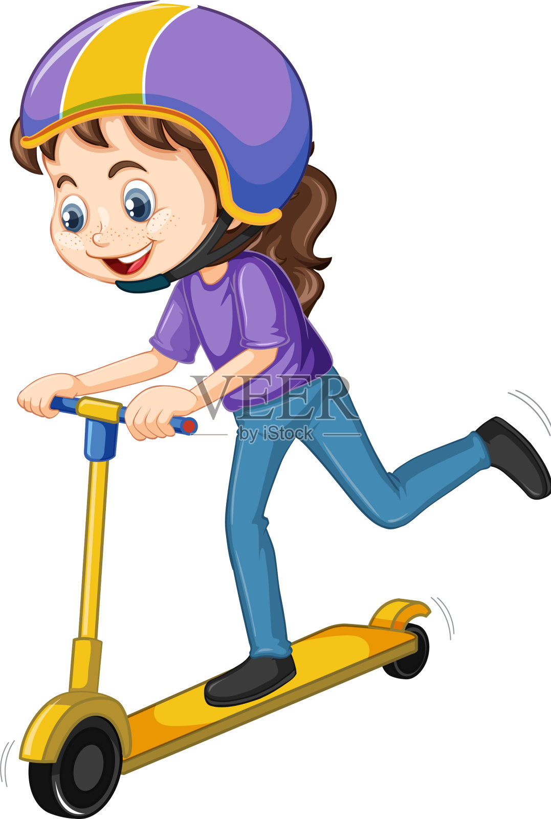快乐的女孩在白色的背景上玩滑板车设计元素图片