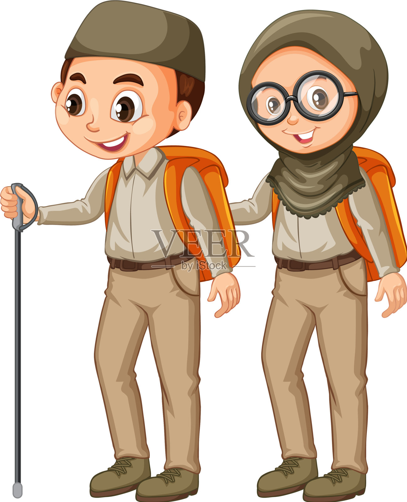 男孩和女孩在白色背景下穿着童子军制服设计元素图片