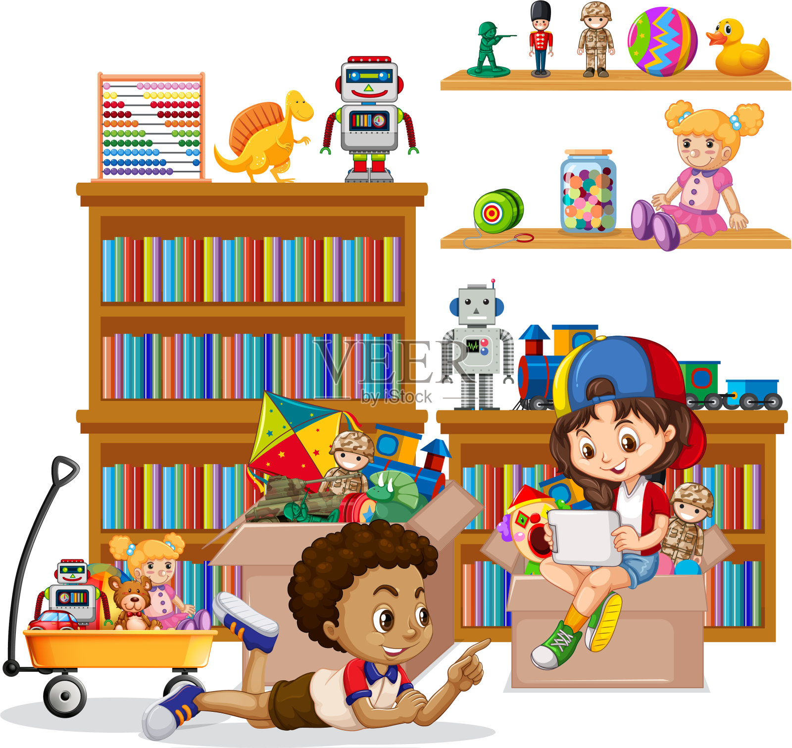 书架上满书和玩具的白色背景设计元素图片