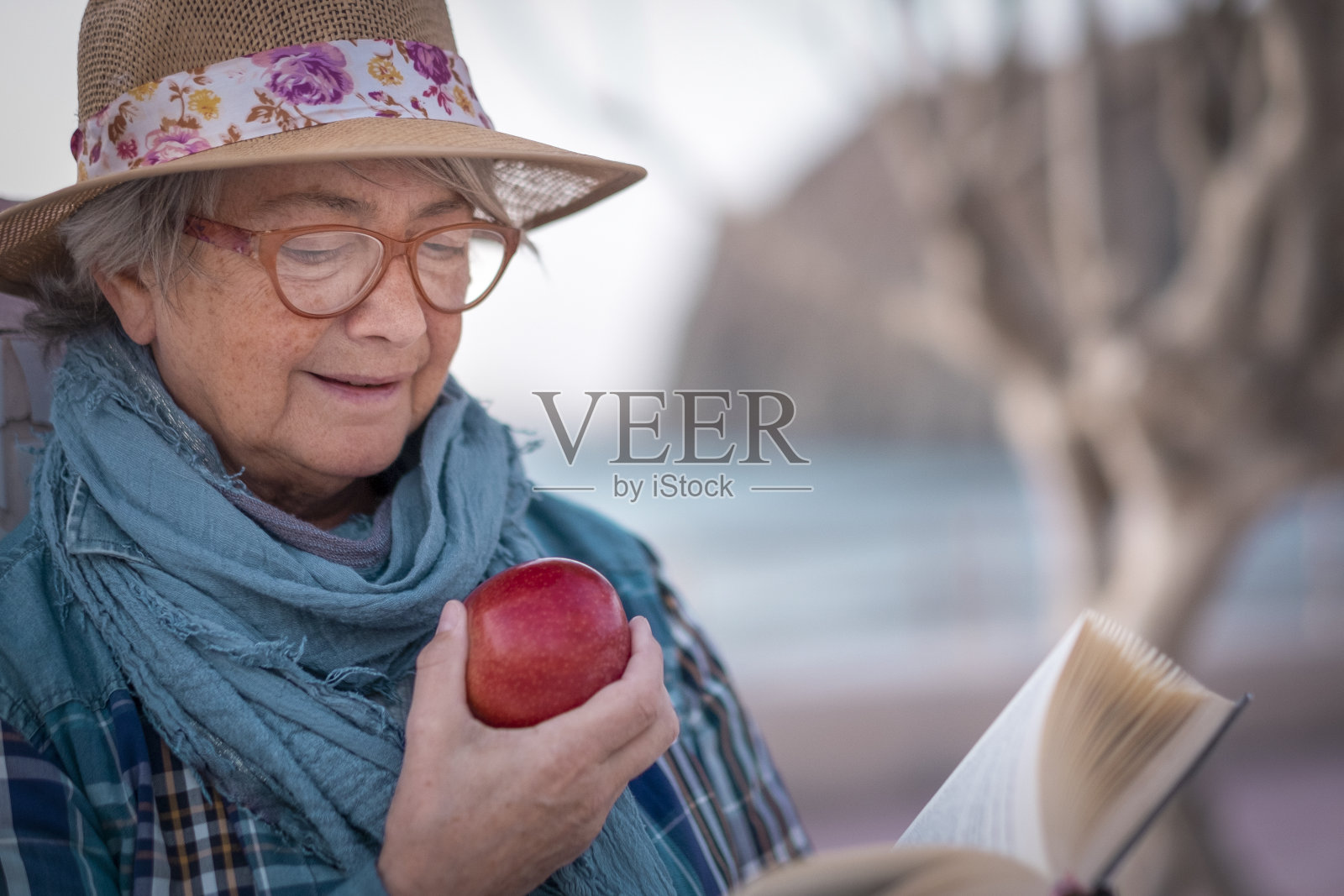 老年妇女享受退休生活的肖像，坐在海滩边看书，吃苹果。水面上的地平线。海洋景观。一个只有戴眼镜和帽子的人照片摄影图片