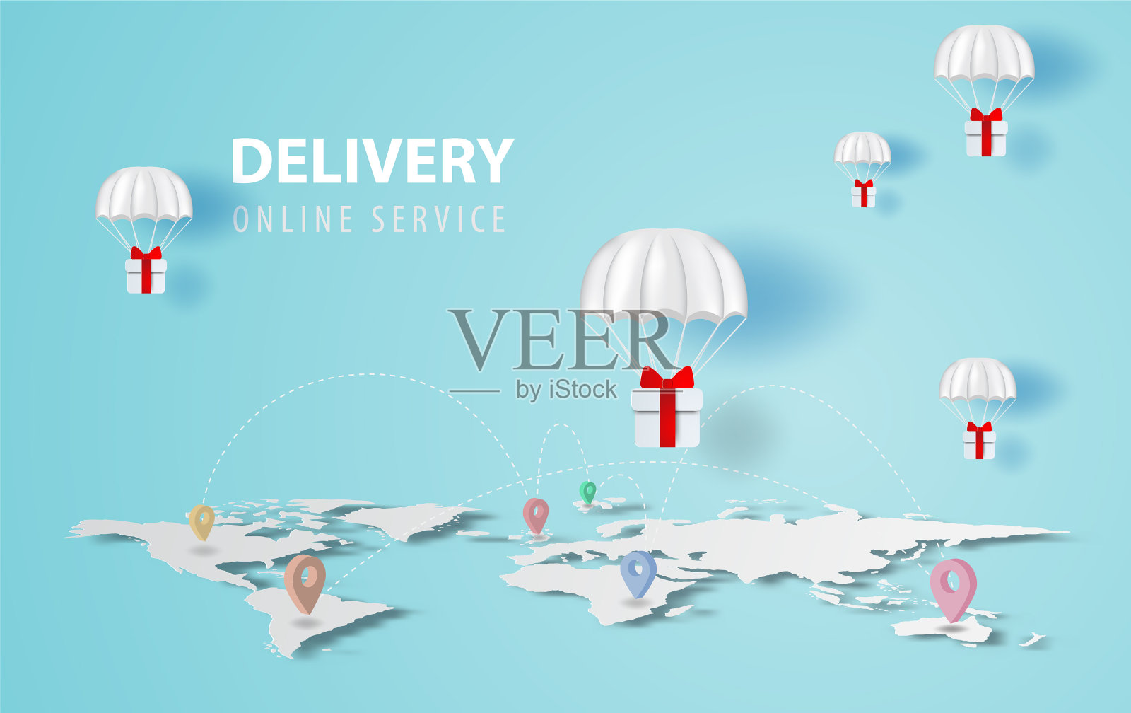 降落伞礼盒漂浮在地图上的位置插画图片素材