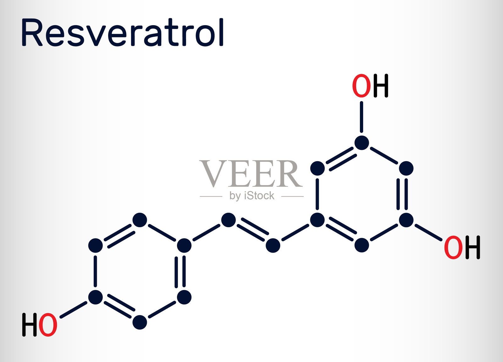 白藜芦醇,trans-resveratrol分子。它是二苯乙烯类，天然酚，植物抗毒素，抗氧化剂。结构化学公式插画图片素材