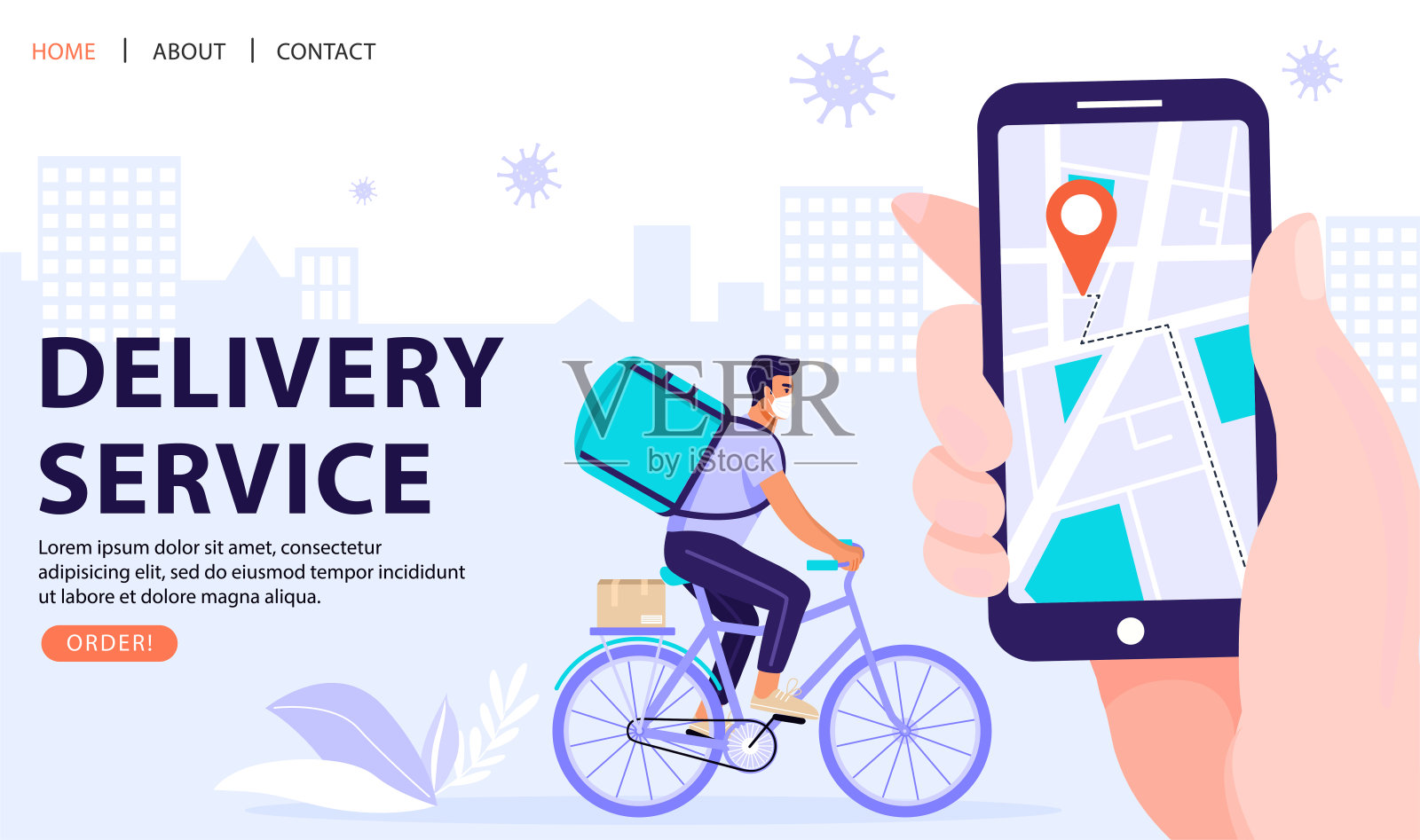 送货服务的概念。快递员骑着自行车，带着送货袋和盒子，戴着口罩。手持智能手机跟踪交付。设计模板素材