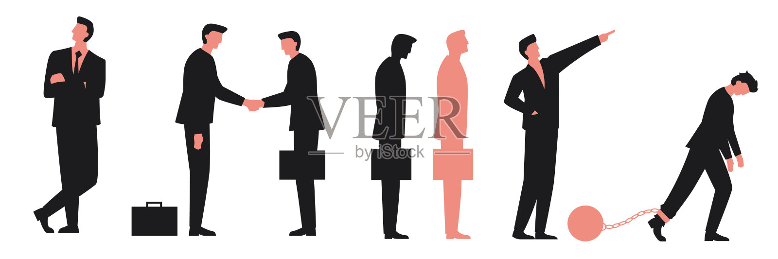 一群商人。商人卡通人物。矢量插图的商人互动和问候另一个人。商人们拿着公文包摆着不同的姿势站着插画图片素材