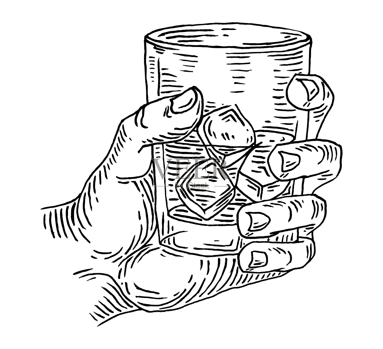男人用手碰杯喝威士忌。古董向量雕刻插画图片素材