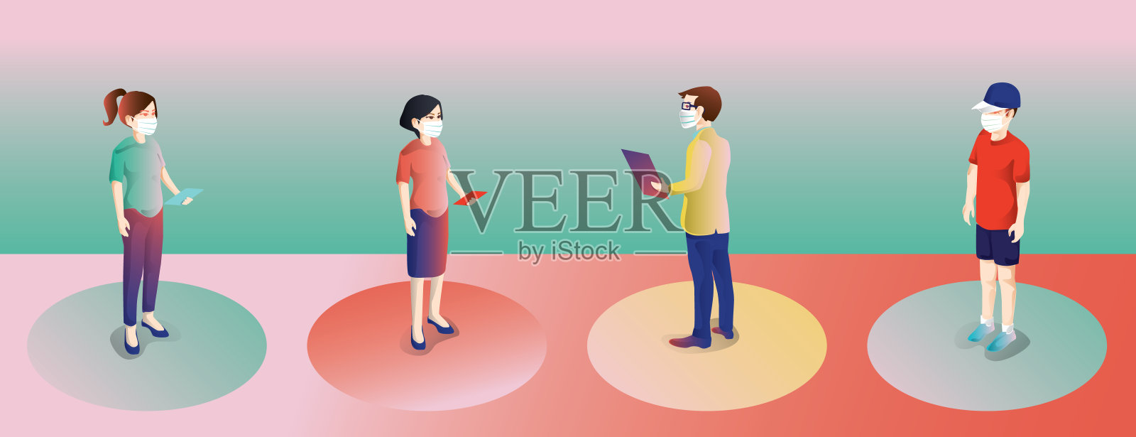 保持社交距离，避免感染风险和疾病，佩戴医用外科防护口罩，预防Covid-19病毒插画图片素材