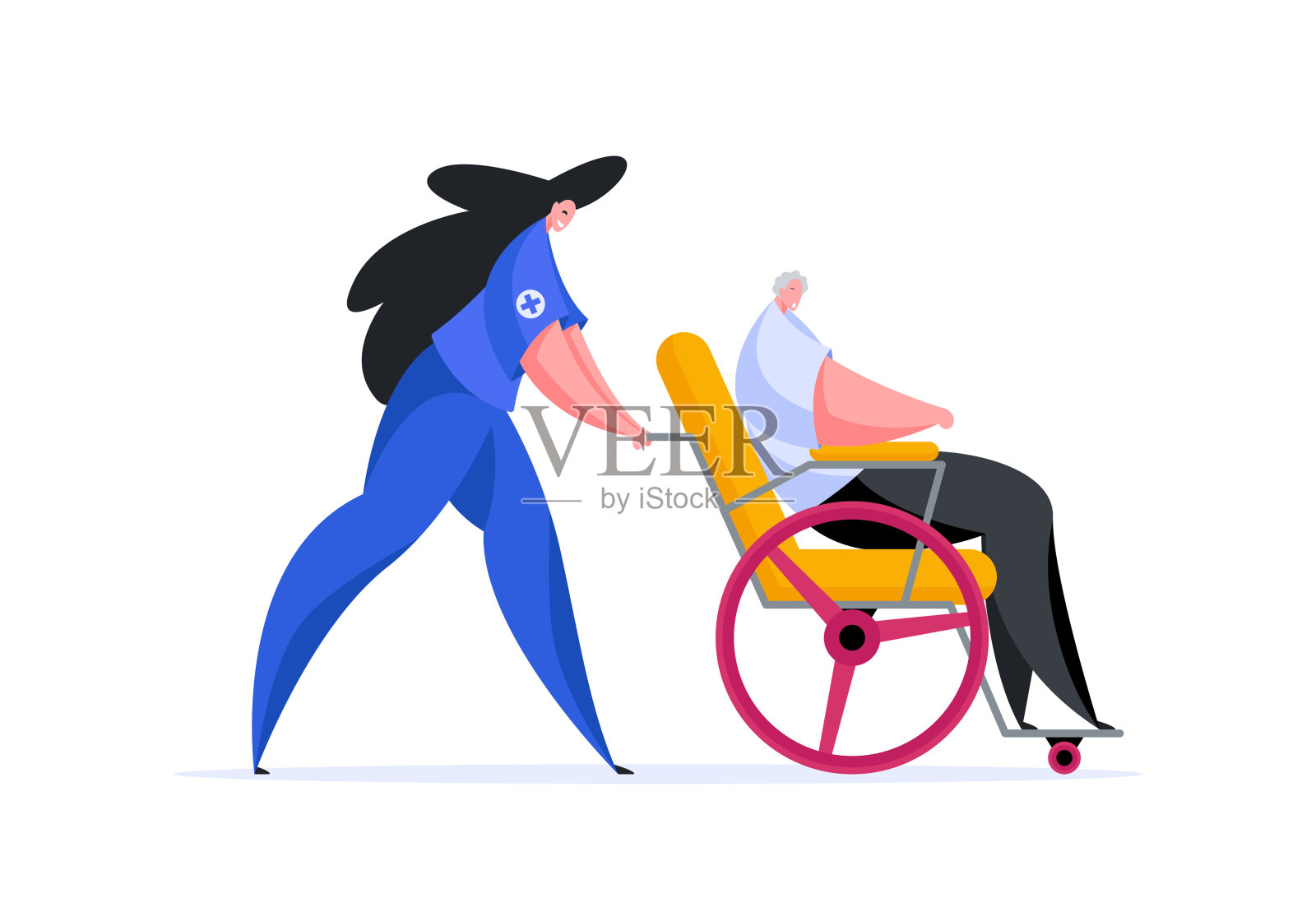 医生推着轮椅与年长的男性病人插画图片素材