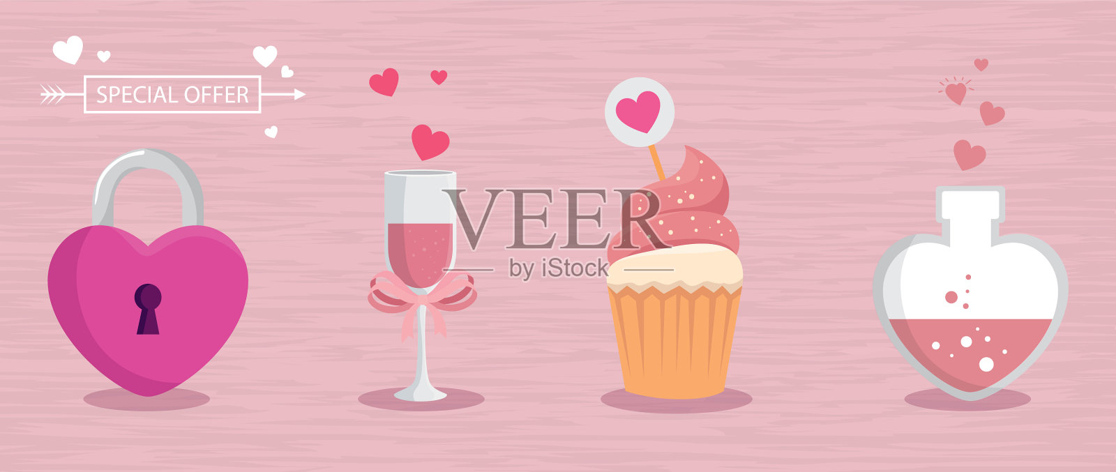 杯香槟与设置图标为圣瓦伦丁插画图片素材