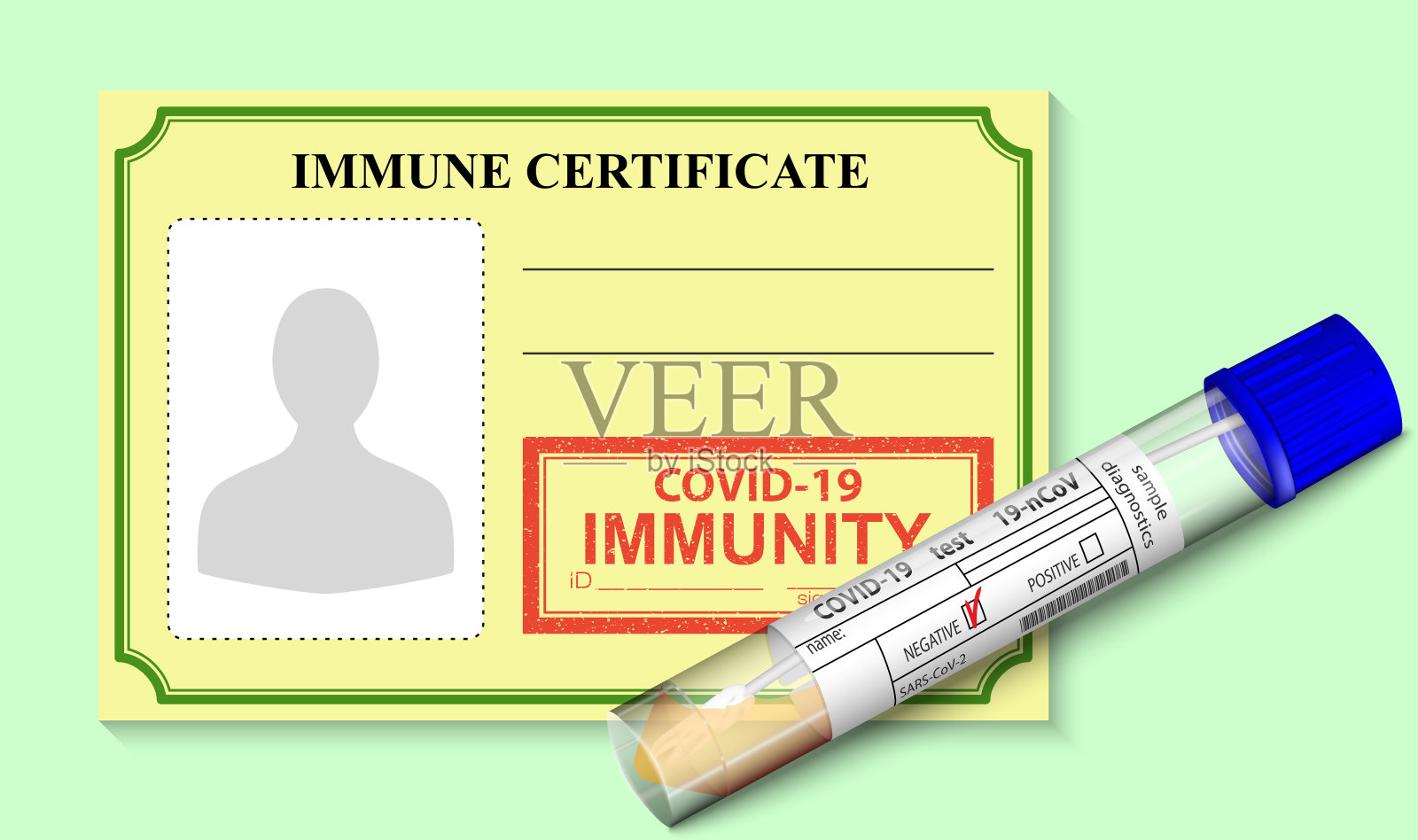 卡状免疫证明及带血浆的试管。冠状病毒阴性。非传染性非典型肺炎患者的工作证件。COVID - 19无风险徽章。现实的孤立的概念。插画图片素材