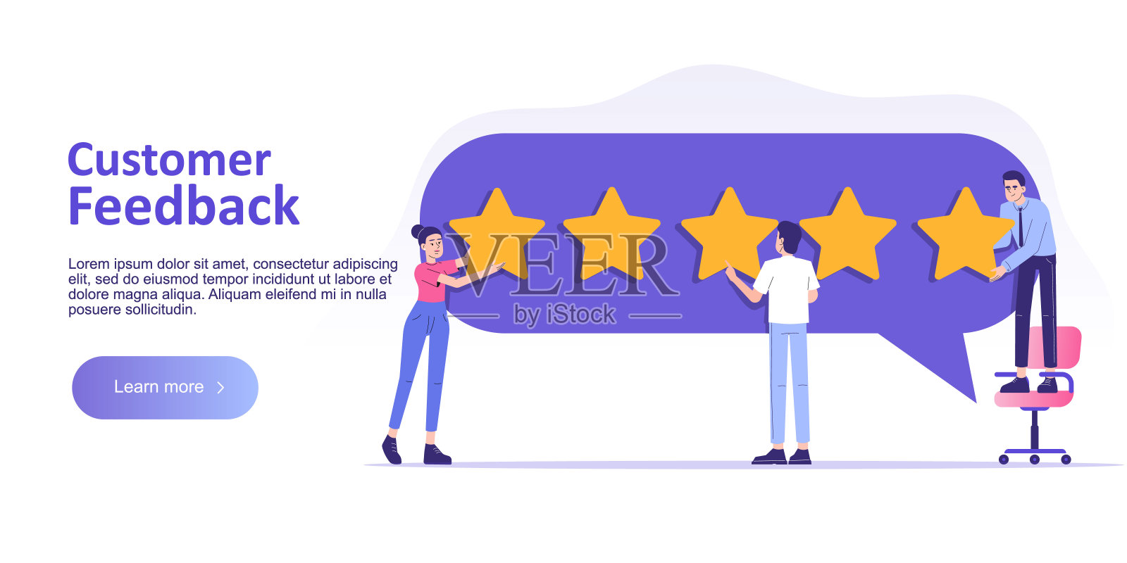 客户评审或反馈概念。人们给予五星反馈并选择满意度评分。对客户服务和用户体验的评级。着陆页模板。向量网络图插画图片素材