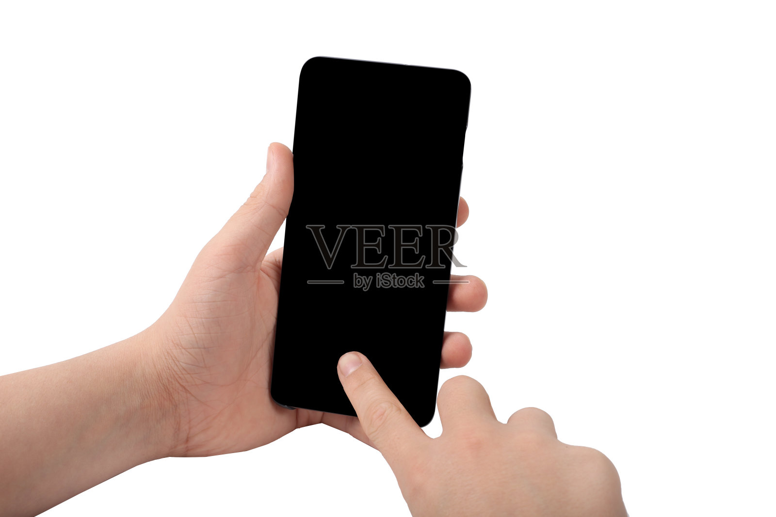 手持黑色智能手机与空白屏幕和现代无框设计在透视位置-孤立在白色背景照片摄影图片