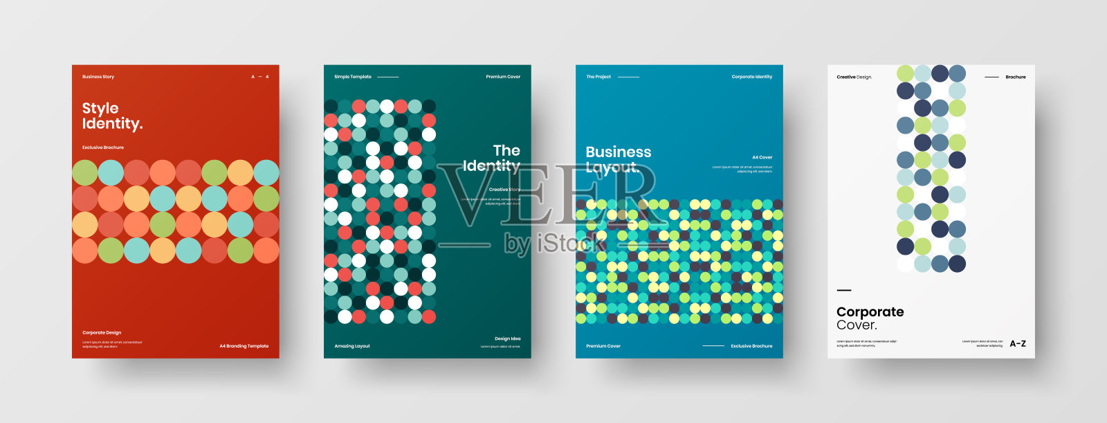 公司标识手册模板收集。业务表示向量A4垂直方向首页模拟设置。公司报告封面抽象几何插图设计布局捆绑。设计模板素材