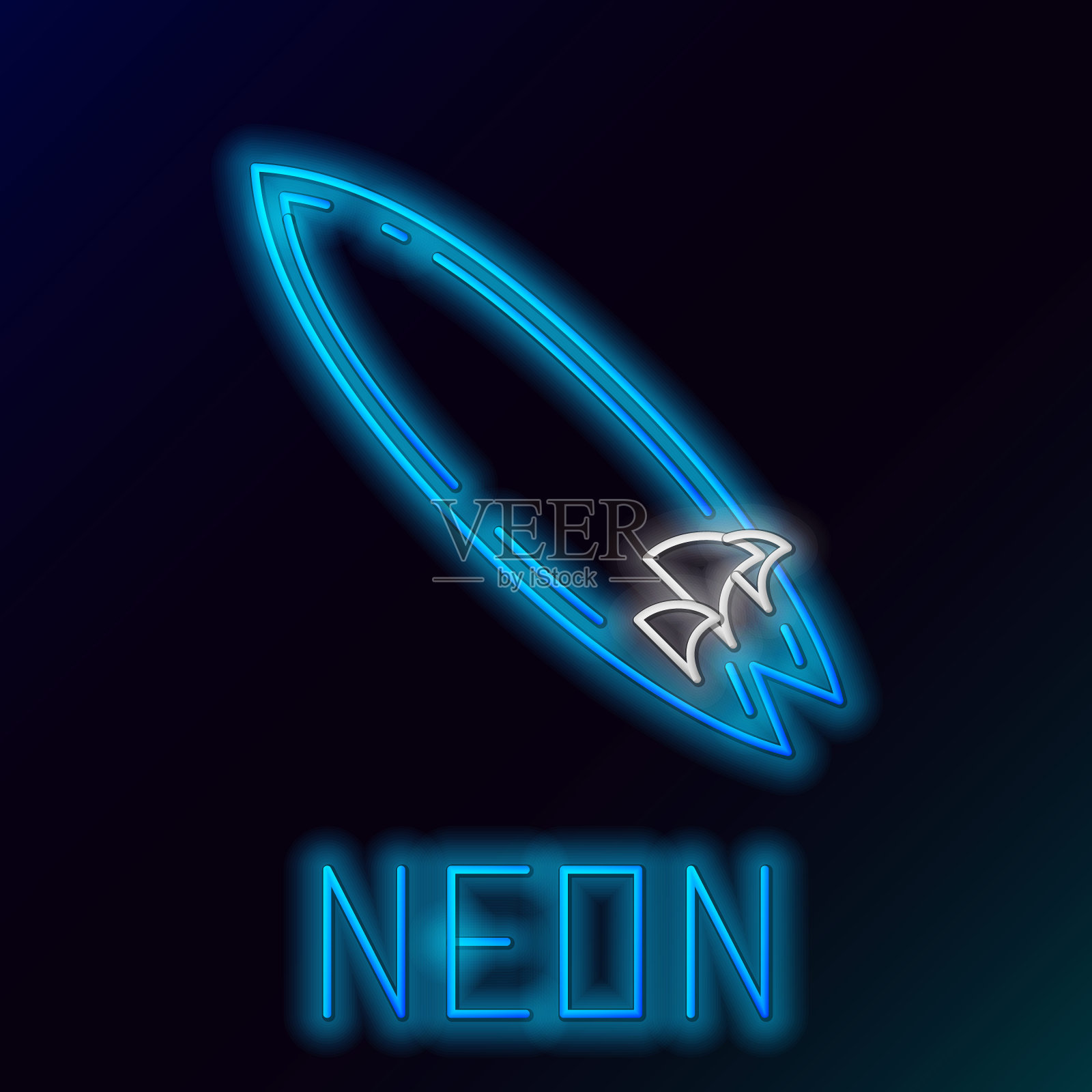 蓝色发光的霓虹灯线冲浪板图标孤立在黑色的背景。冲浪板。极限运动。运动设备。色彩斑斓的轮廓的概念。矢量图插画图片素材